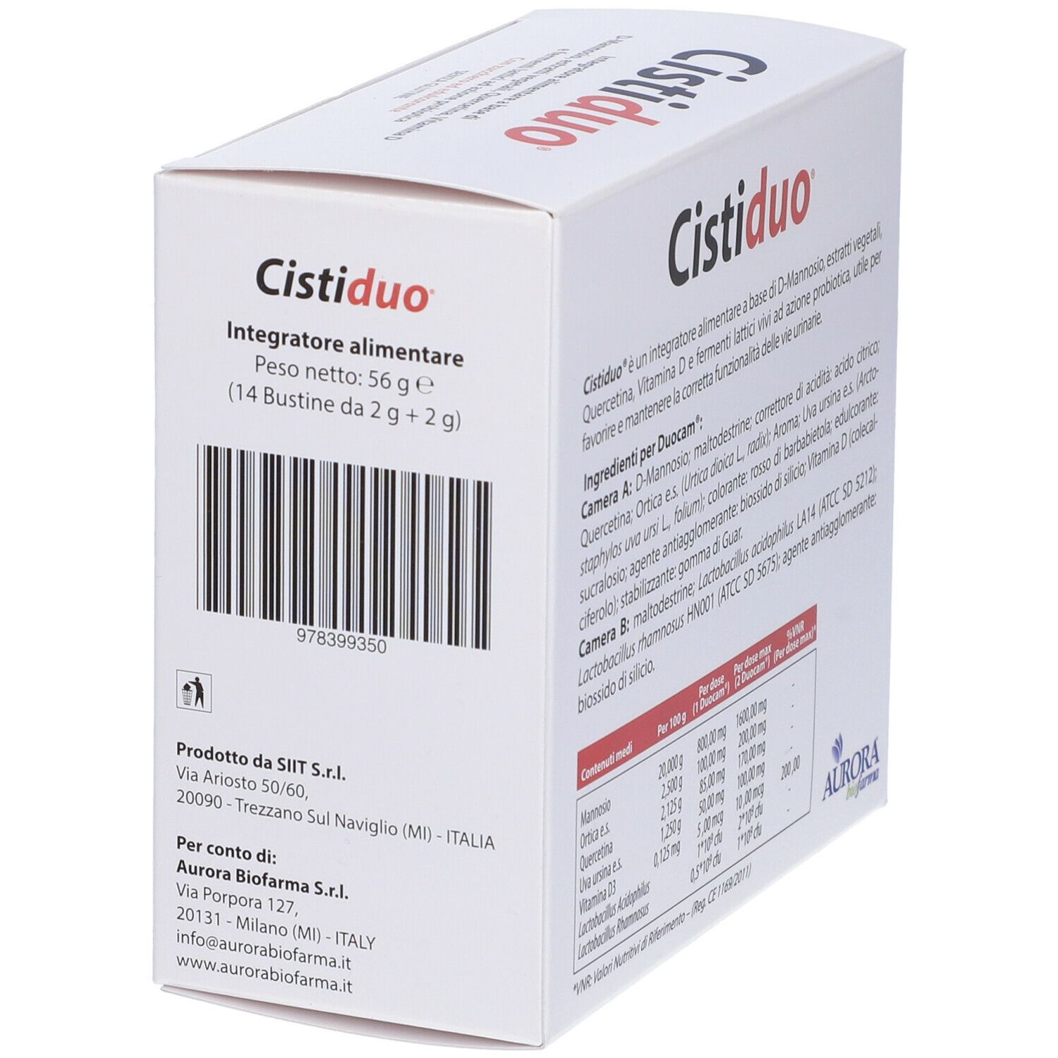 Scatola bianca "Cistiduo". Peso netto 56 g, 14 bustine. Informazioni produttore. Logo Aurora Biofarma.