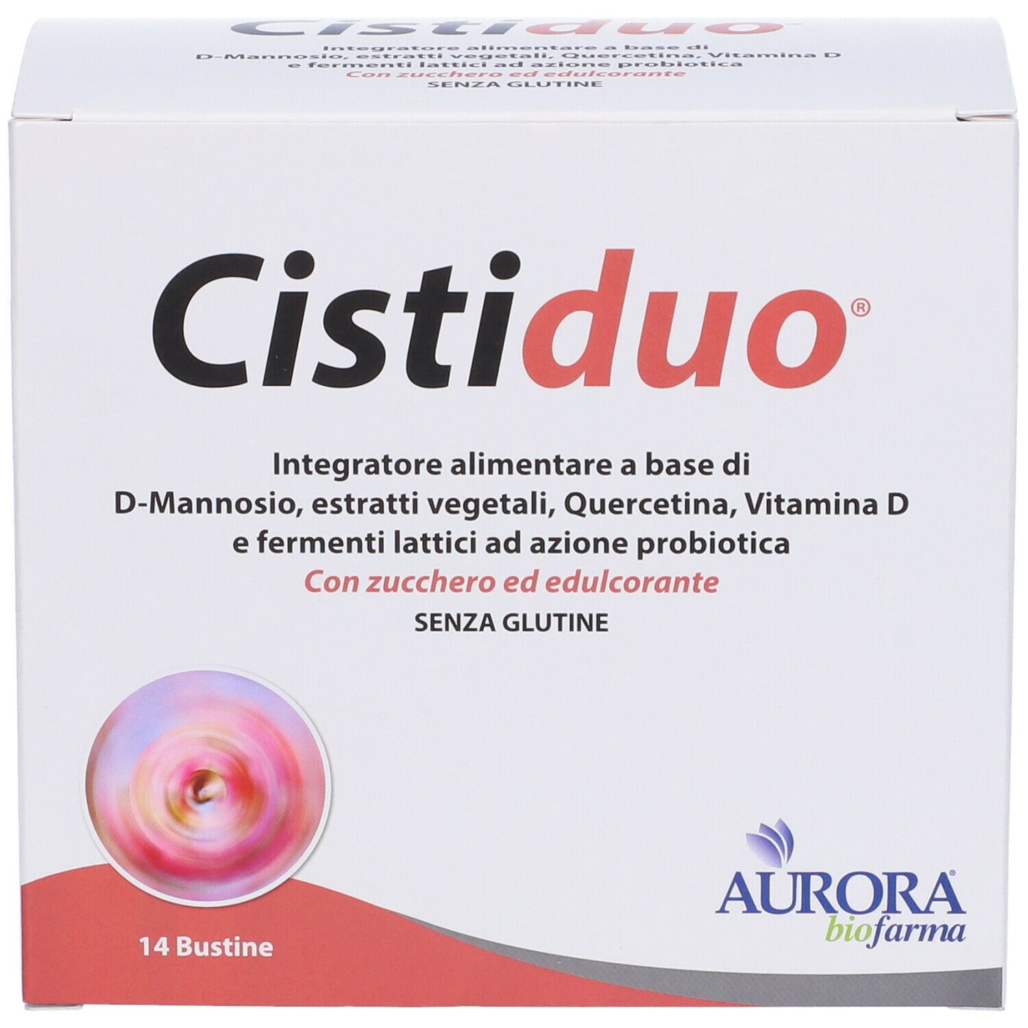 Scatola bianca "Cistiduo". Integratore alimentare con D-Mannosio, estratti vegetali, vitamina D e probiotici. 14 bustine.