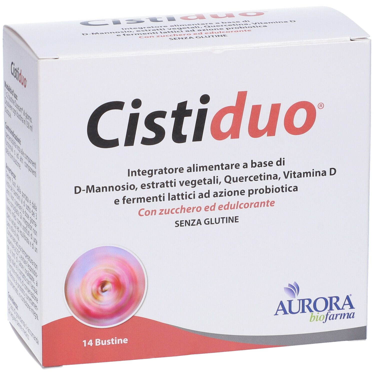 Scatola bianca "Cistiduo". Integratore alimentare con D-Mannosio, estratti vegetali, vitamina D e probiotici. 14 bustine.