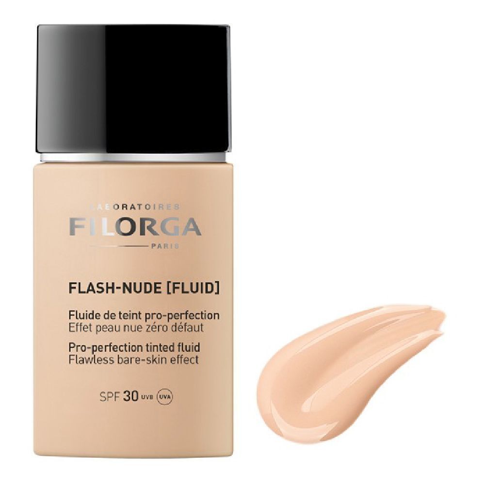 Flacon Filorga Flash-Nude Fluid et trace de produit. Liquide beige, bouchon noir. SPF 30.