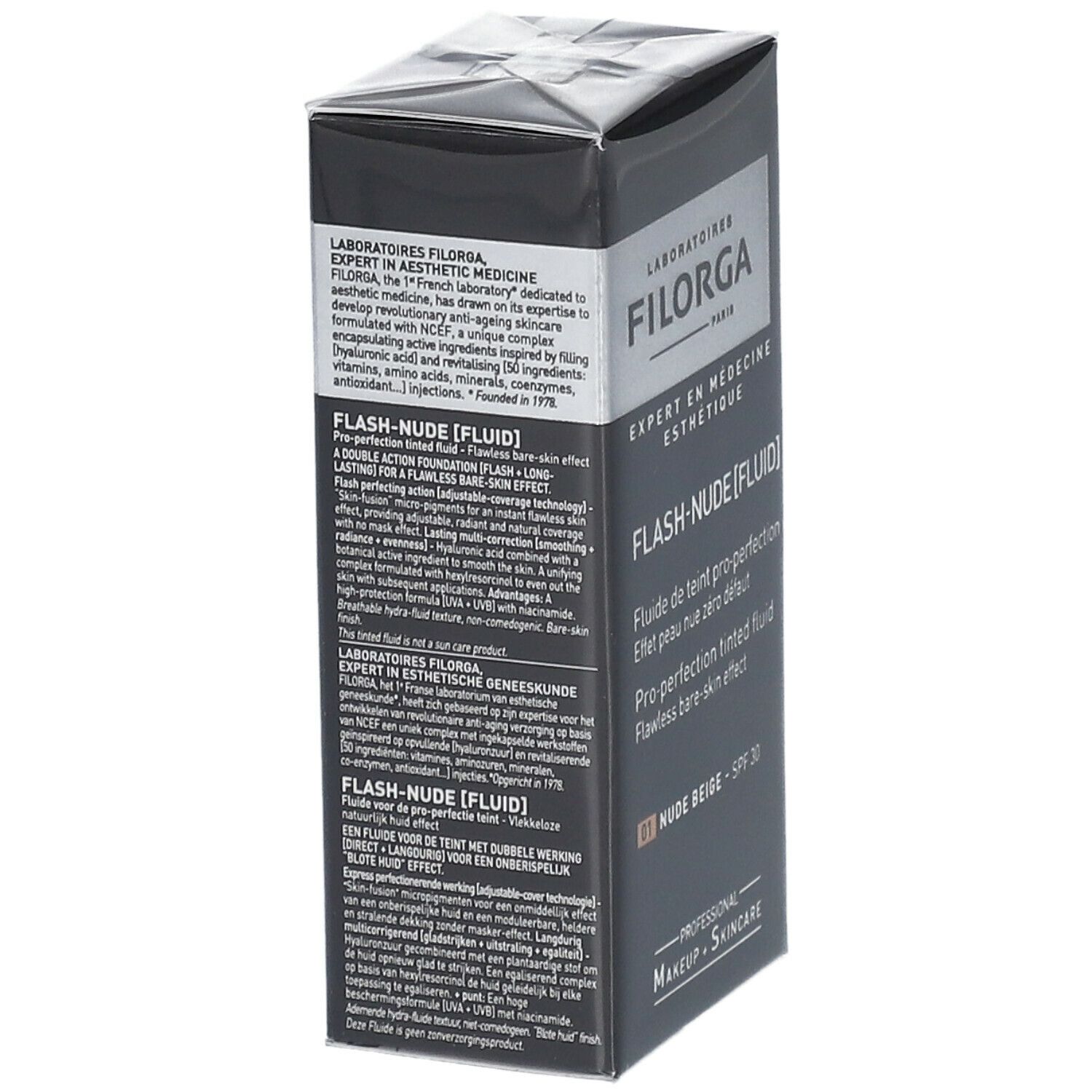Emballage Filorga Flash-Nude Fluid. Boîte noire avec texte. Informations et ingrédients du produit.