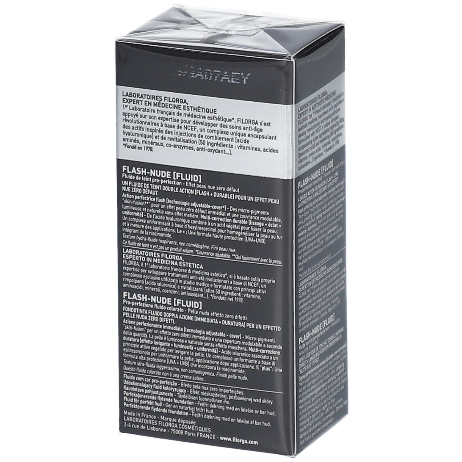 Emballage Filorga Flash-Nude Fluid. Boîte noire avec texte. Informations et ingrédients du produit.