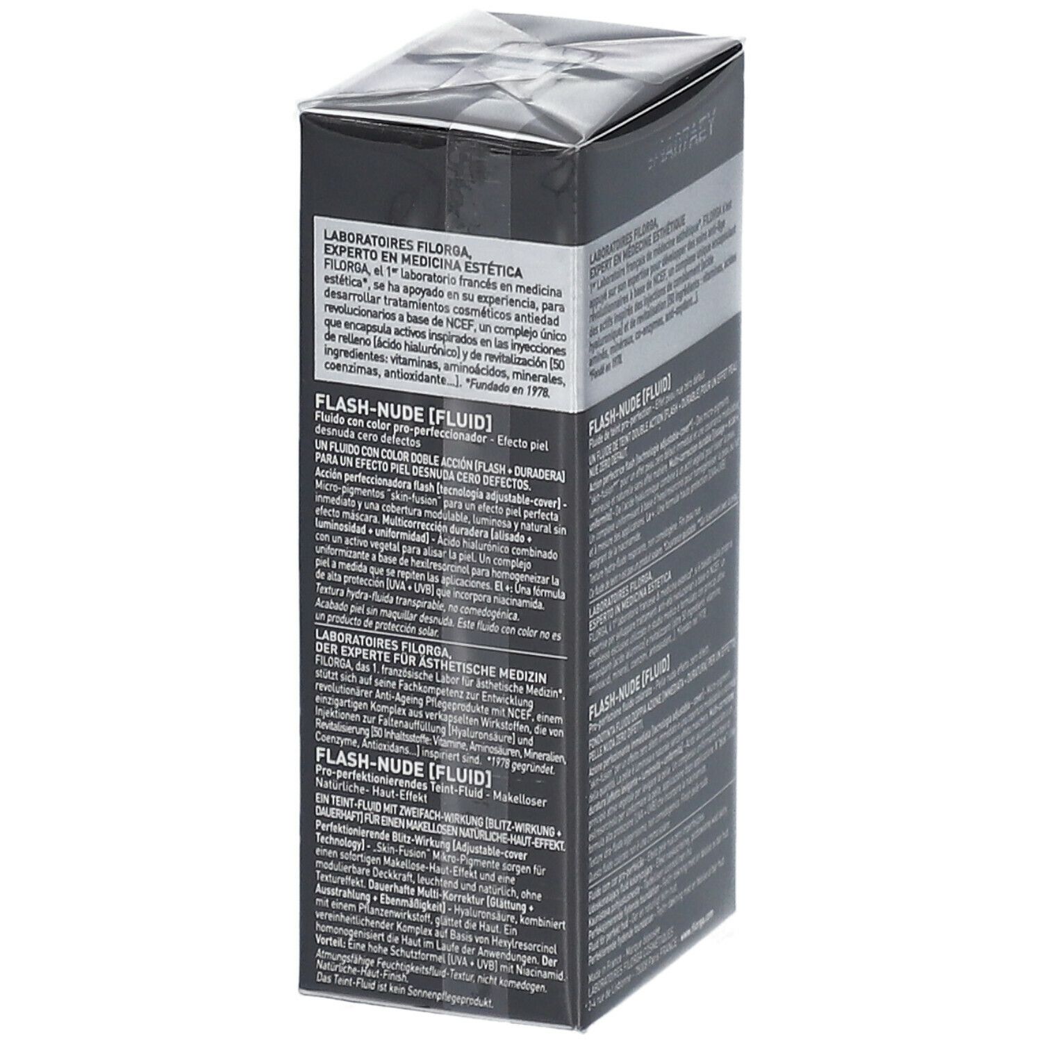 Emballage Filorga Flash-Nude Fluid. Boîte noire avec texte. Informations et ingrédients du produit.