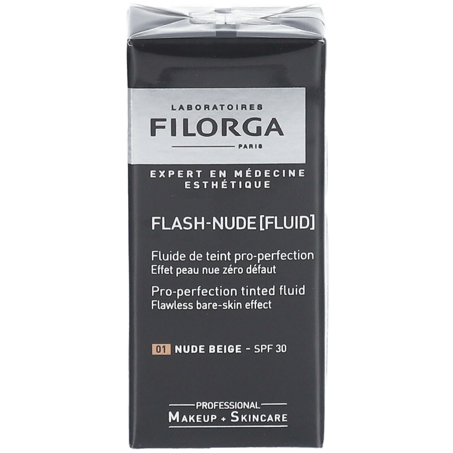 Emballage Filorga Flash-Nude Fluid. Boîte noire avec informations produit. Teinte 01 Nude Beige.