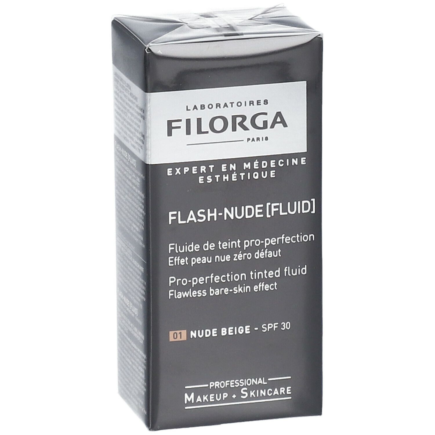 Emballage Filorga Flash-Nude Fluid. Boîte noire avec informations produit. Teinte 01 Nude Beige.