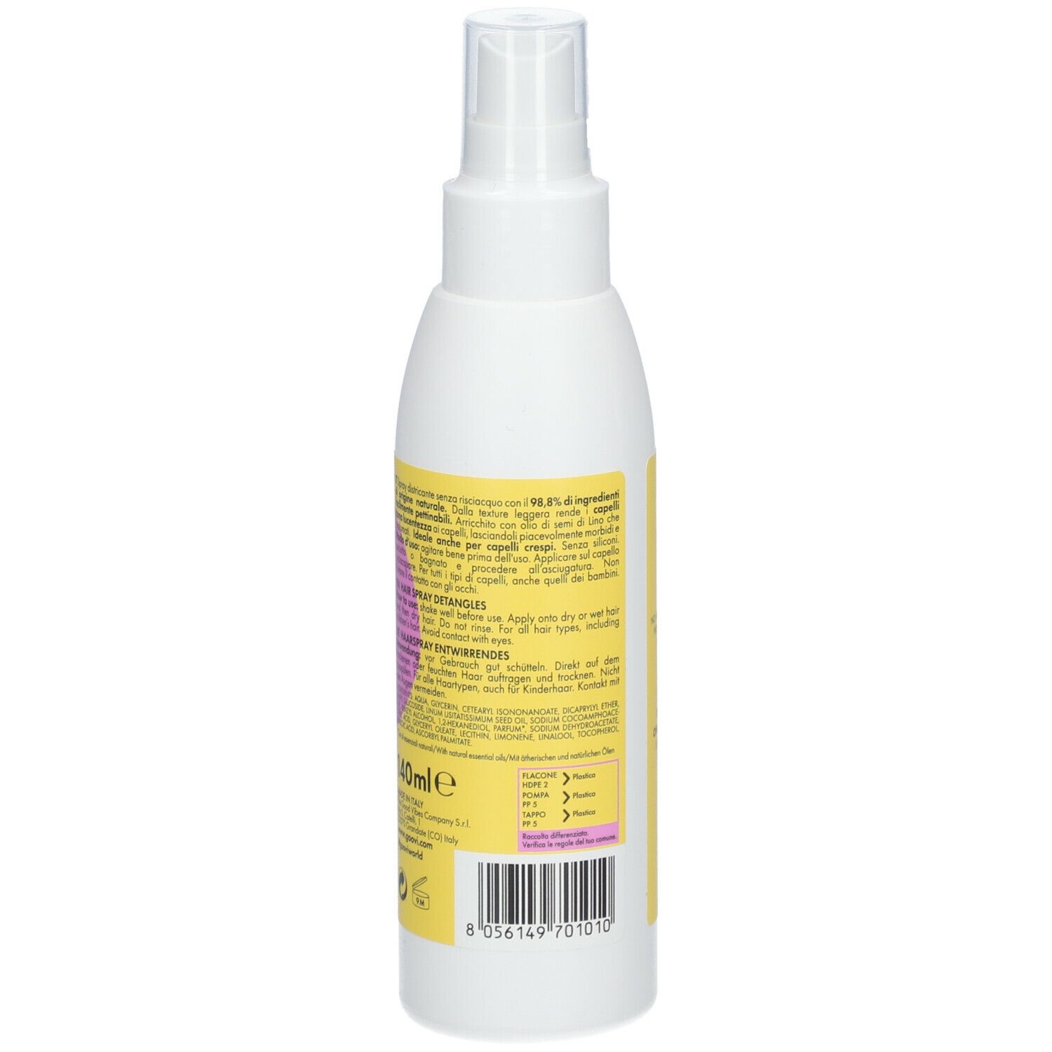 Flacone spray bianco con etichetta gialla. Retro con testo, ingredienti e informazioni produttore.
