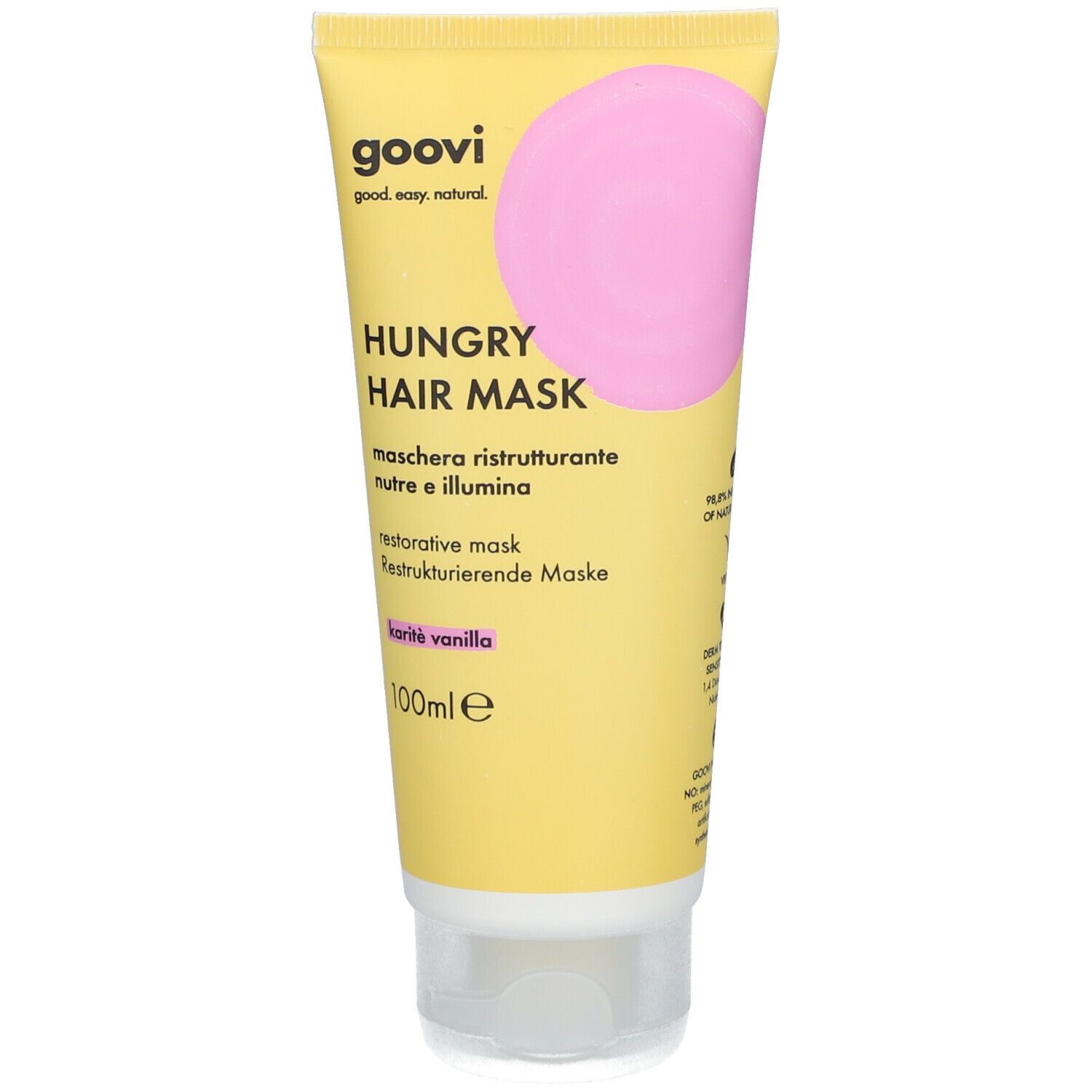 Tubo giallo "Goovi Hungry Hair Mask". Cerchio rosa. Testo in tedesco, italiano, inglese. "100ml" visibile.