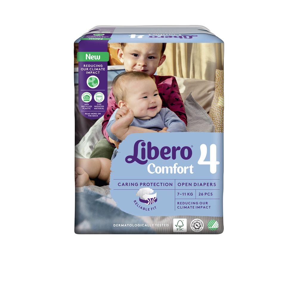 Confezione di pannolini Libero Comfort 4, 7-11 kg, 26 pezzi. Immagine di bambino e bambino. Scritte: Caring Protection, Reliable Fit.