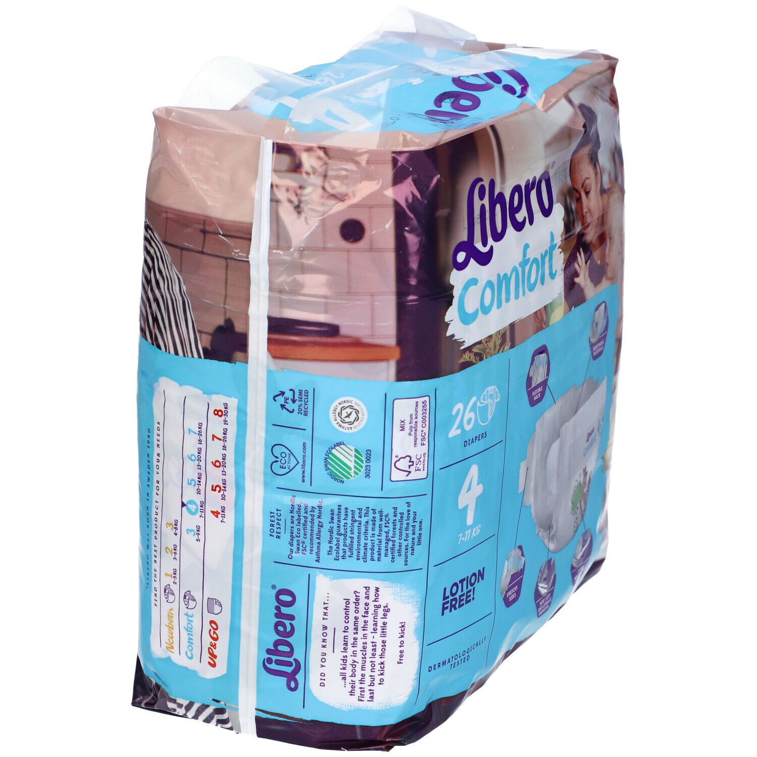 Pannolini Libero Comfort 4, 7-11 kg, 26 pezzi. Bambino e madre. Retro con taglie e testo.