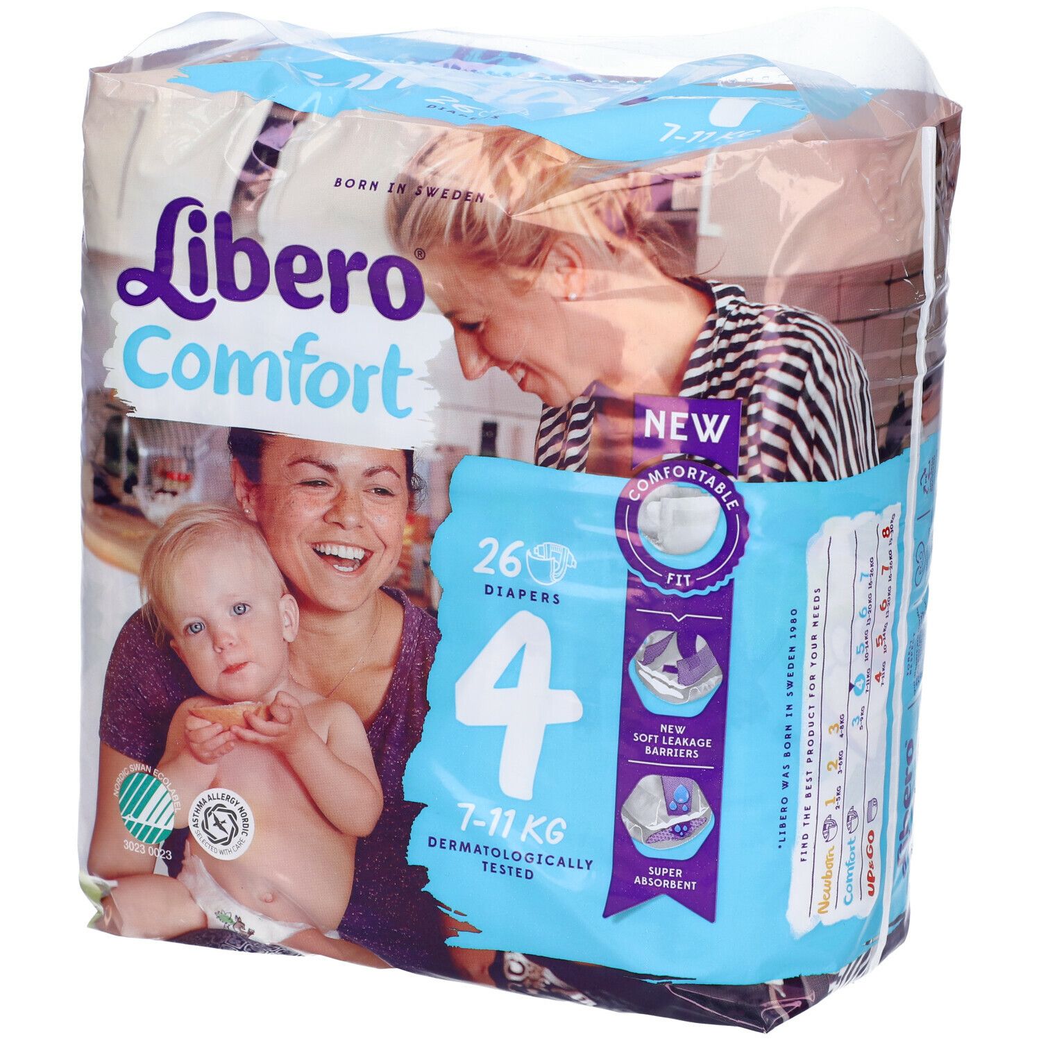 Pannolini Libero Comfort 4, 7-11 kg, 26 pezzi. Bambino e madre. Scritte: New, Comfortable Fit, Dermatologicamente testato.
