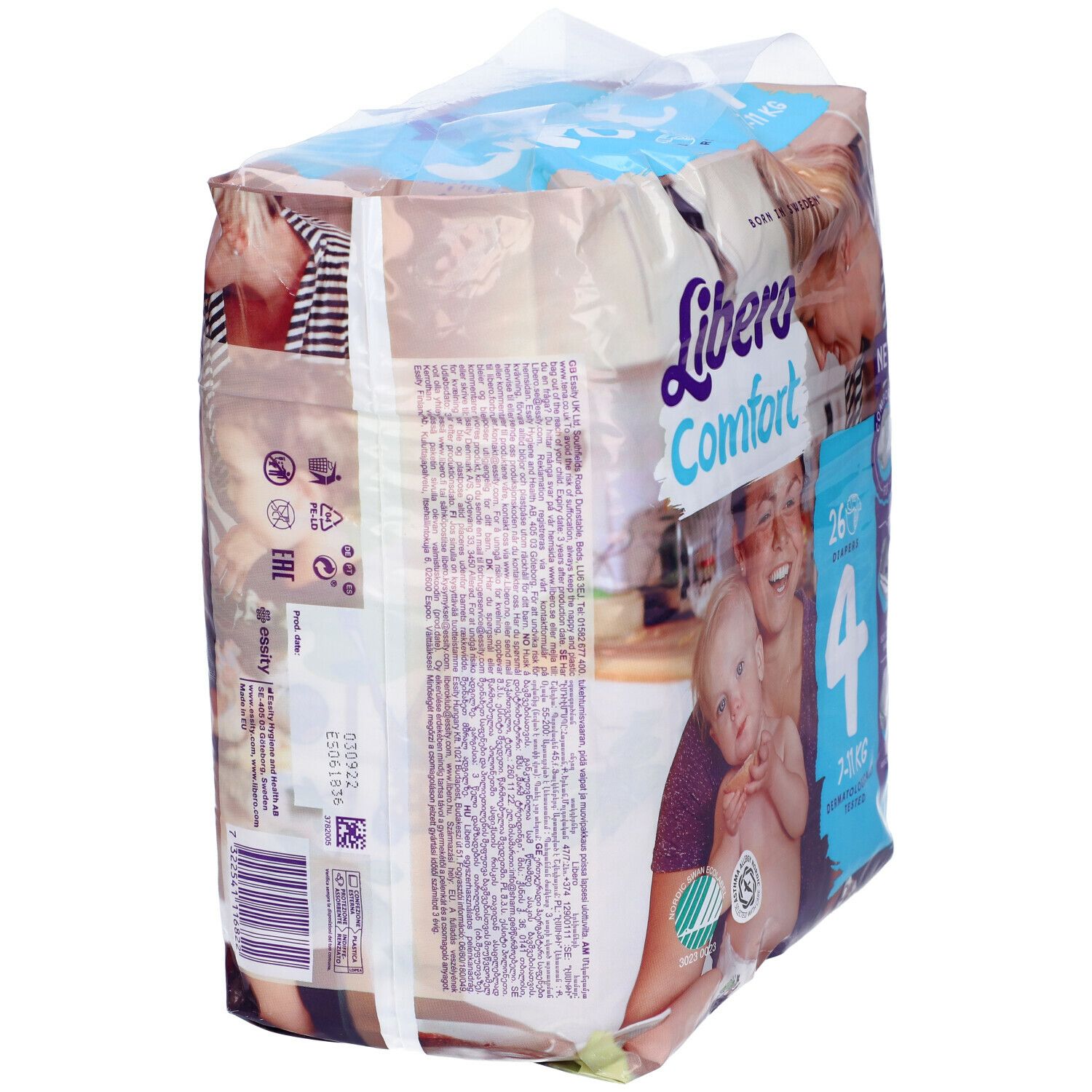 Pannolini Libero Comfort 4, 7-11 kg, 26 pezzi. Bambino e madre. Retro con testo e logo.
