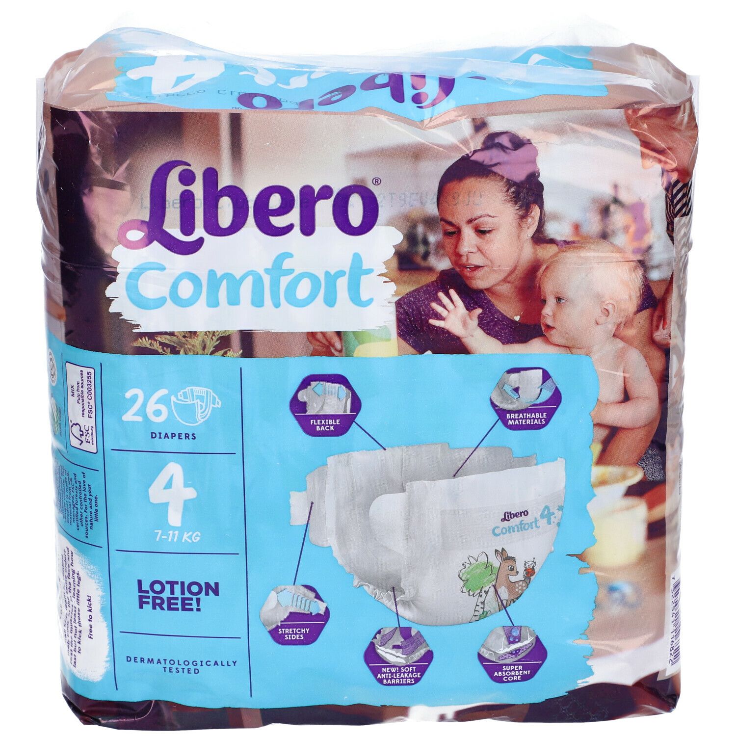 Pannolini Libero Comfort 4, 7-11 kg, 26 pezzi. Bambino e madre. Caratteristiche: dorso flessibile, materiali traspiranti.