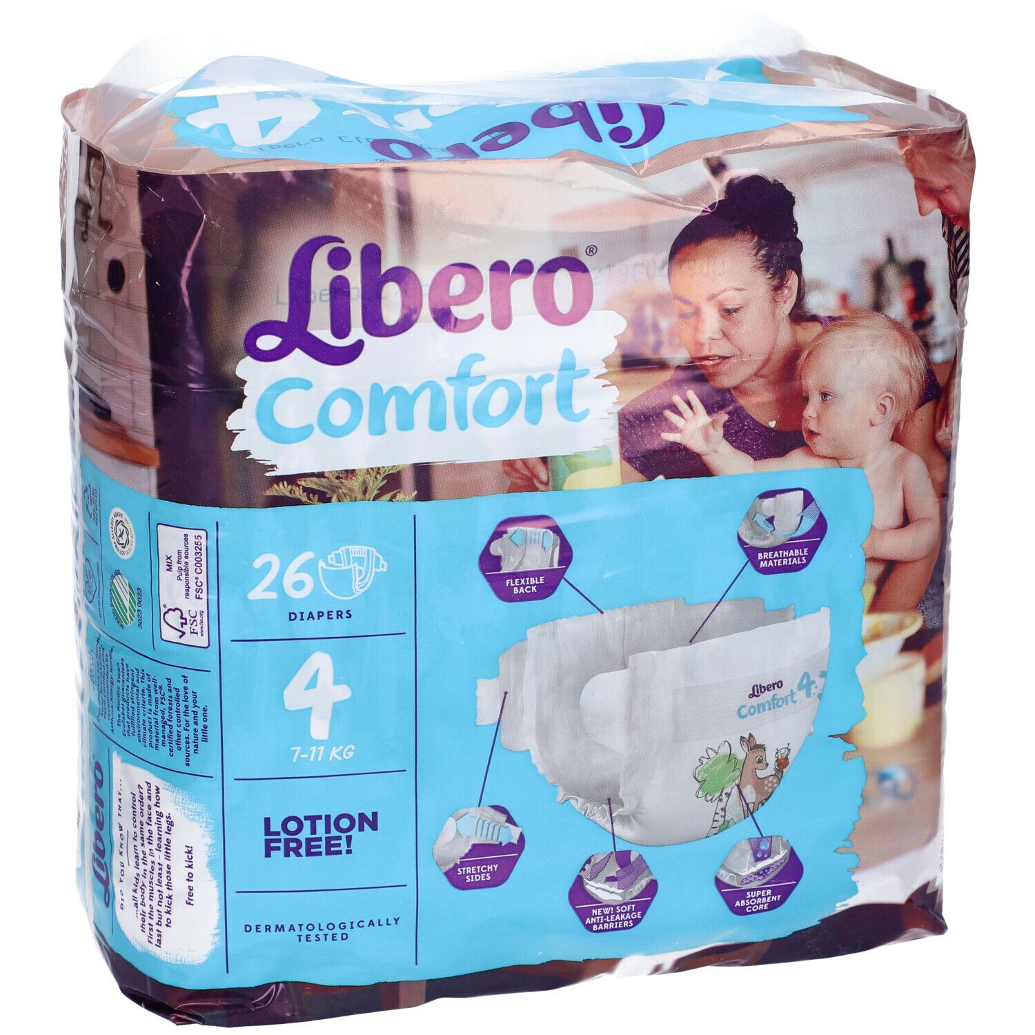 Pannolini Libero Comfort 4, 7-11 kg, 26 pezzi. Bambino e madre. Caratteristiche: dorso flessibile, materiali traspiranti.