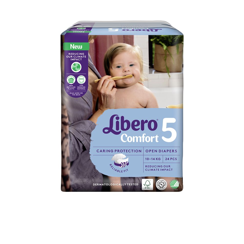 Confezione di pannolini Libero Comfort 5. 24 pezzi, 10-14 kg. Con bambino e informazioni.