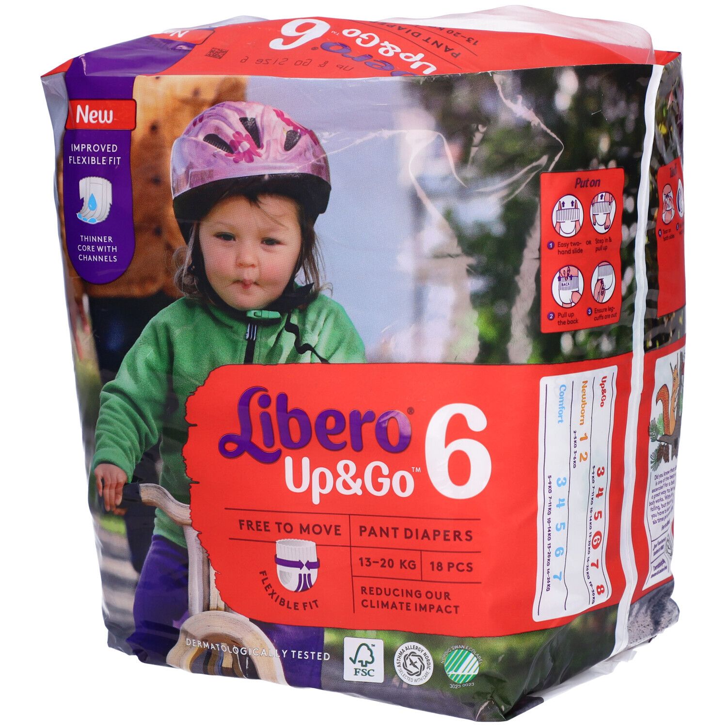 Confezione di pannolini Libero Up&Go 6. Immagine di un bambino in bicicletta sulla confezione. Contiene 18 pezzi. Certificazione FSC.