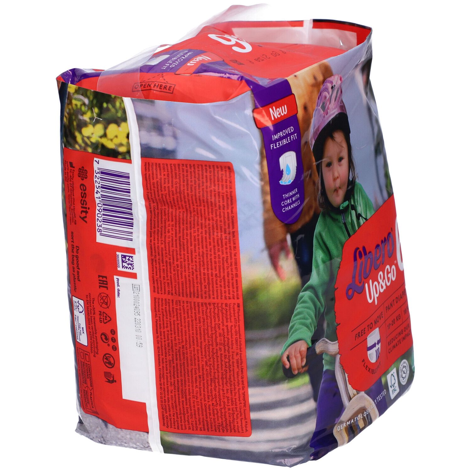 Confezione di pannolini Libero Up&Go 6. Immagine di un bambino in bicicletta sulla confezione. Contiene 18 pezzi. Certificazione FSC.