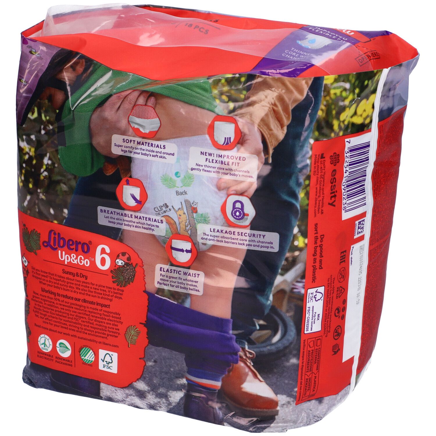 Confezione di pannolini Libero Up&Go 6. Immagine di un bambino in bicicletta sulla confezione. Contiene 18 pezzi. Certificazione FSC.