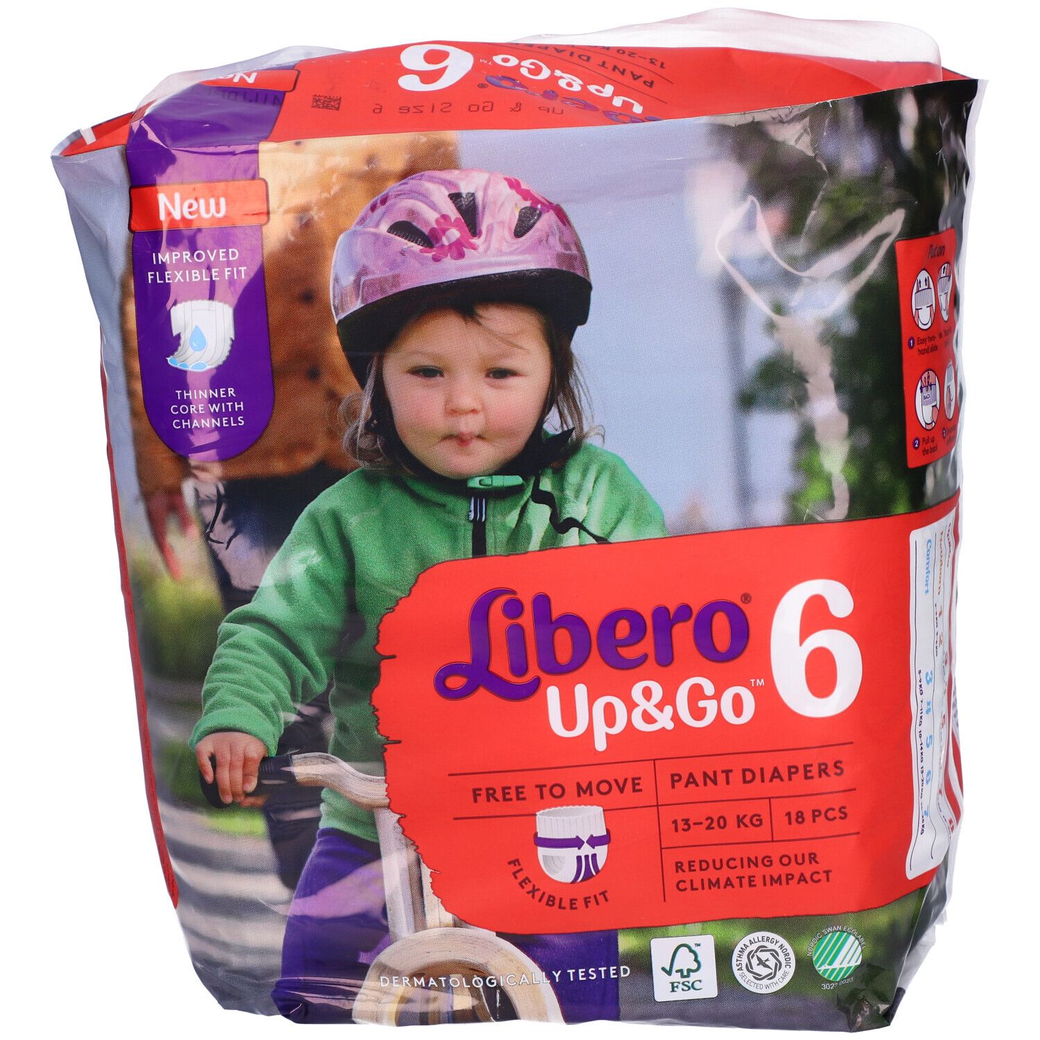 Confezione di pannolini Libero Up&Go 6. Immagine di un bambino in bicicletta sulla confezione. Contiene 18 pezzi. Certificazione FSC.
