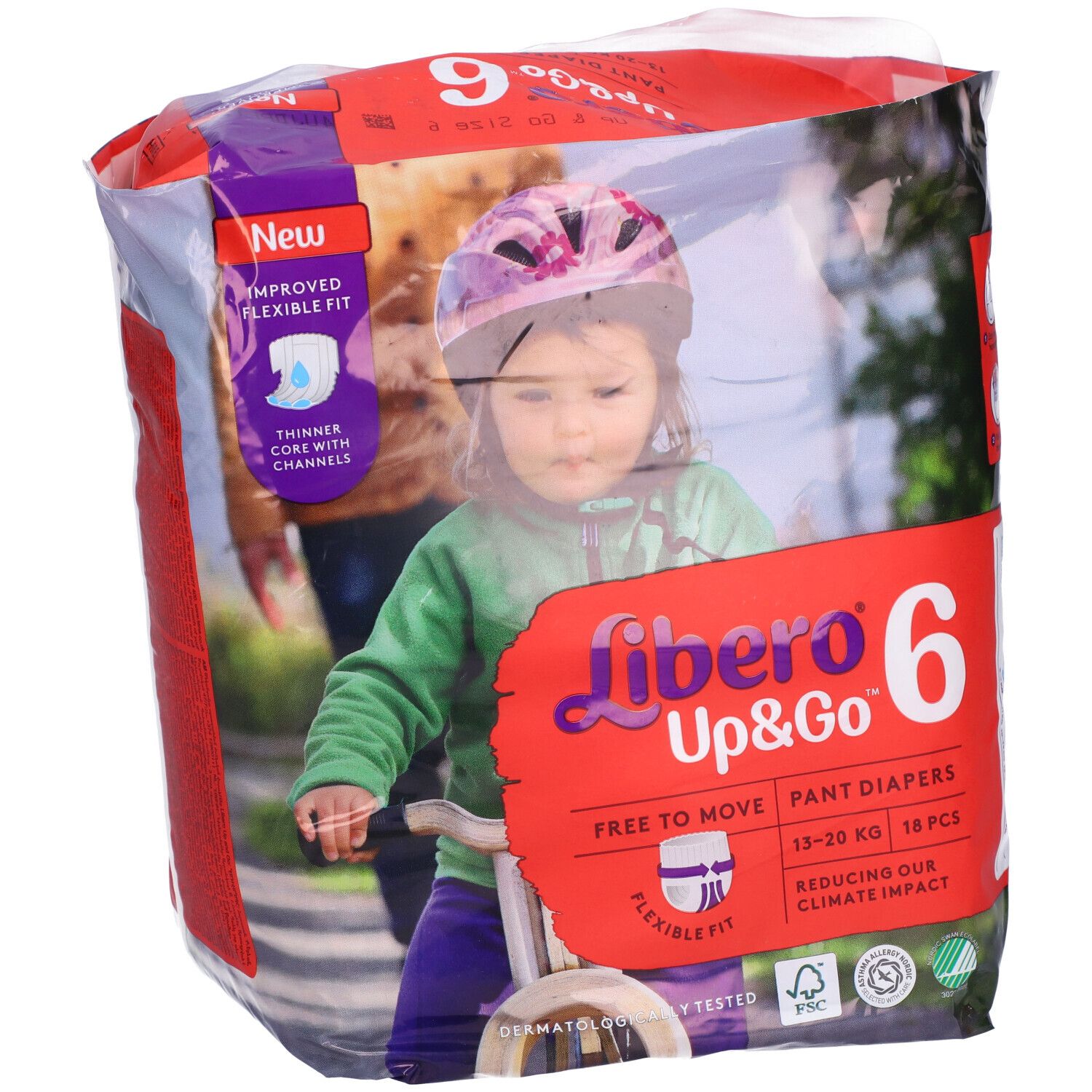 Confezione di pannolini Libero Up&Go 6. Immagine di un bambino in bicicletta sulla confezione. Contiene 18 pezzi. Certificazione FSC.