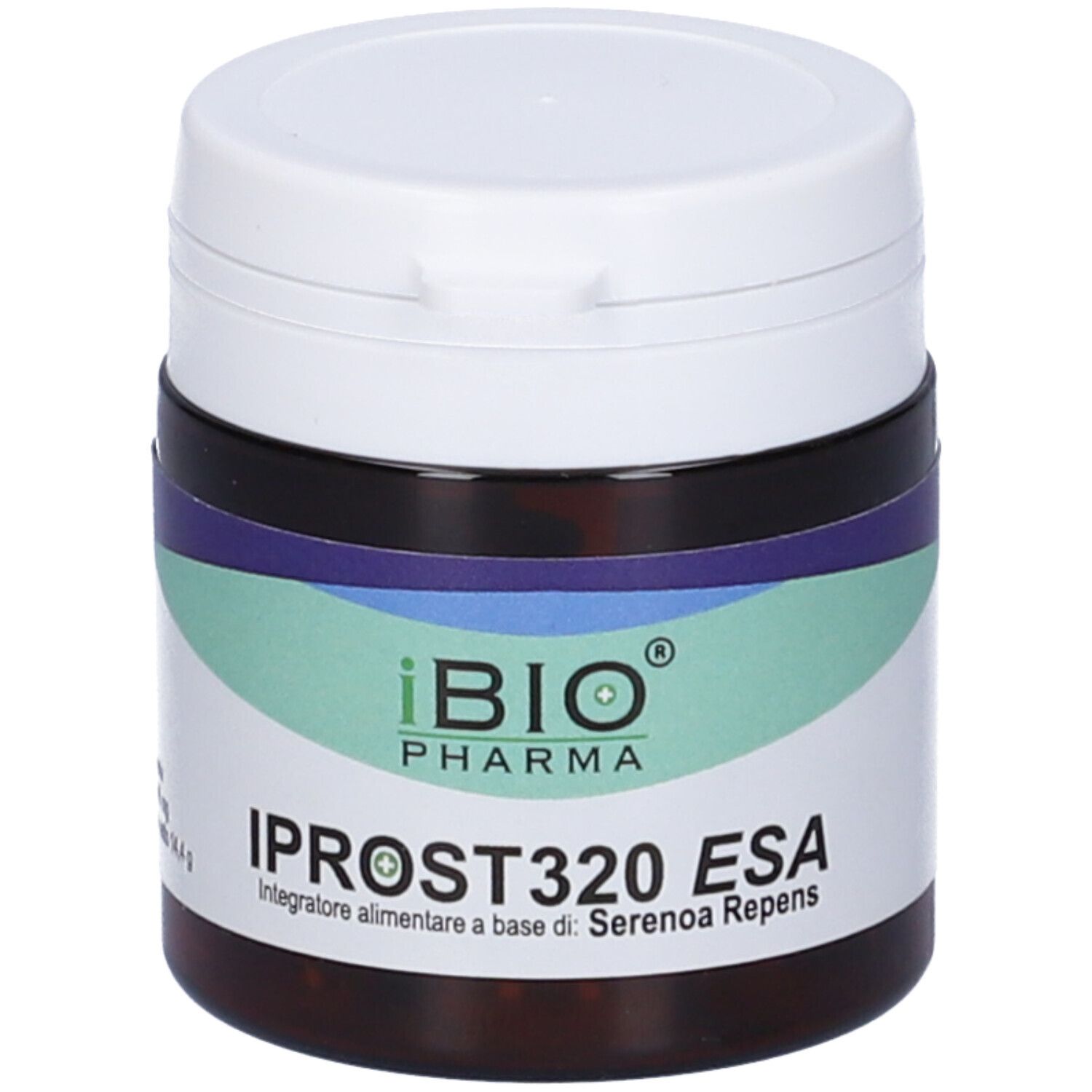 Barattolo marrone con coperchio bianco. Scritta: IPROST320 ESA. Logo iBIO Pharma. Fascia verde-blu.