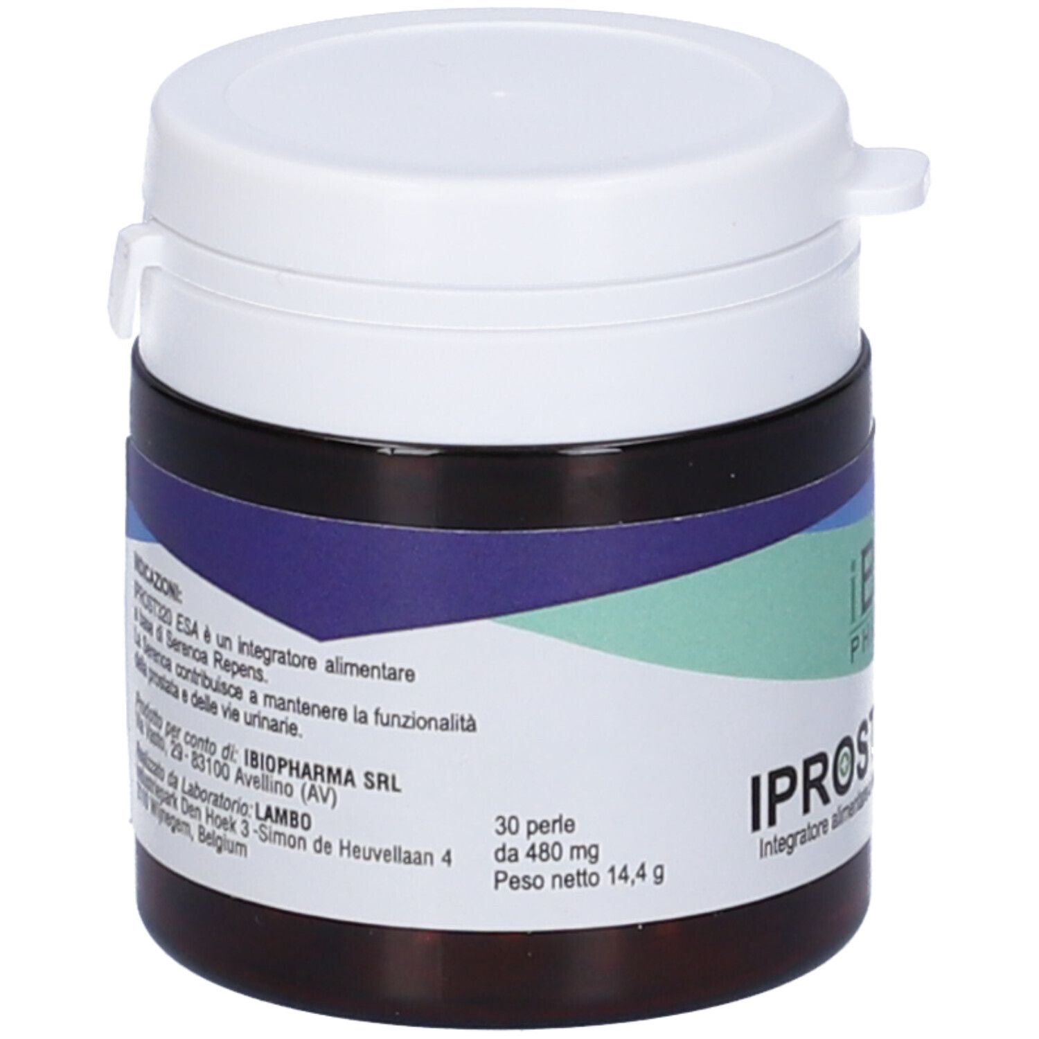 Barattolo marrone con coperchio bianco. Scritta: IPROST320 ESA. Logo iBIO Pharma. Fascia verde-blu. Testo.