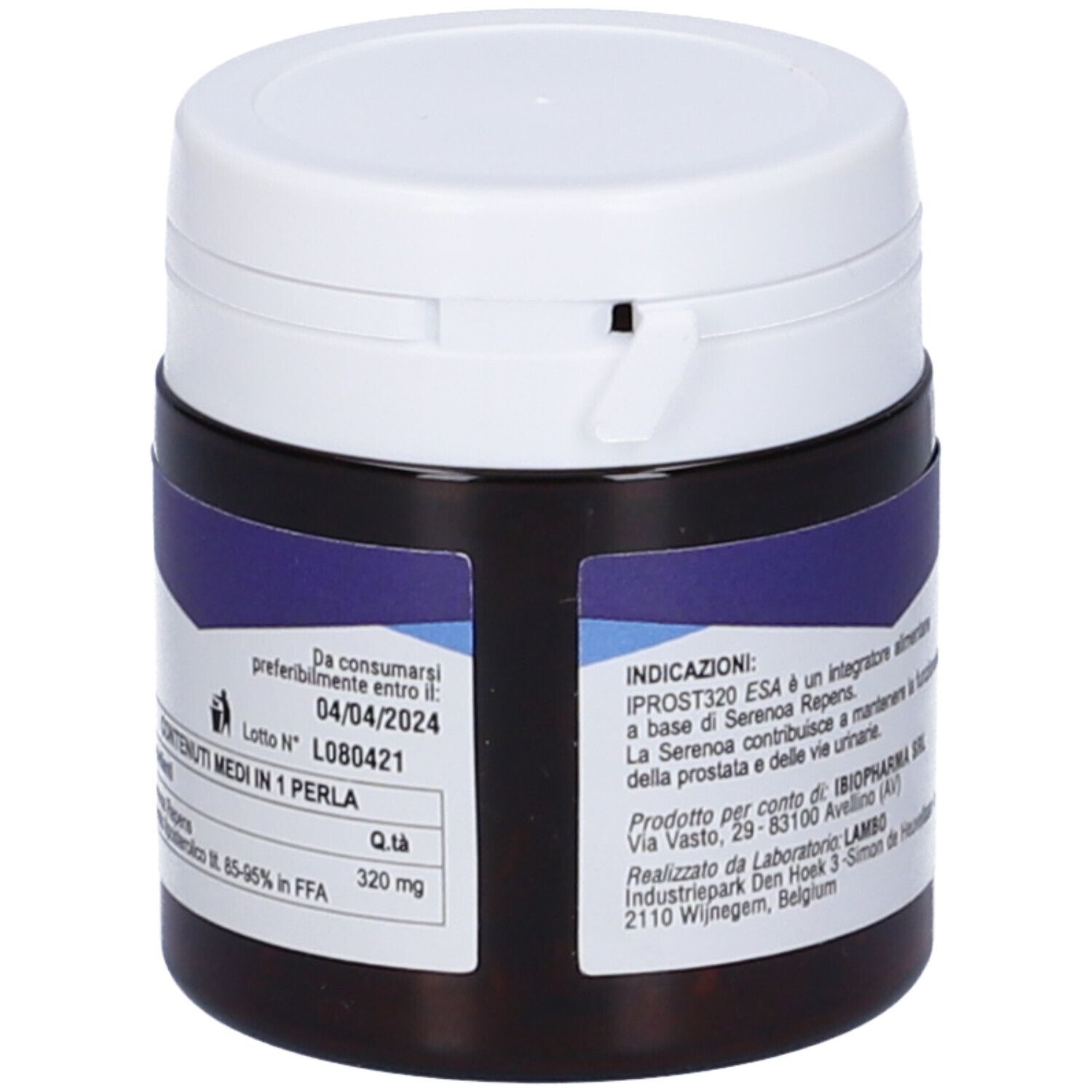 Barattolo marrone con coperchio bianco. Scritta: IPROST320 ESA. Logo iBIO Pharma. Fascia verde-blu. Testo.