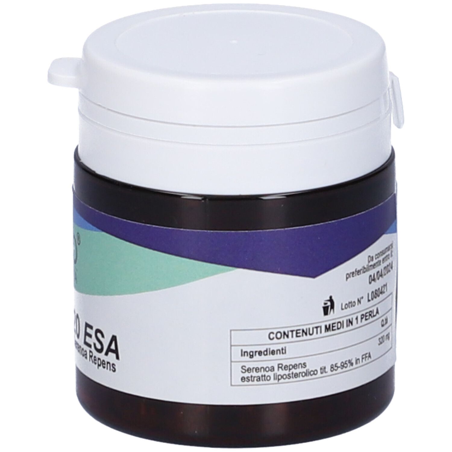 Barattolo marrone con coperchio bianco. Scritta: IPROST320 ESA. Logo iBIO Pharma. Fascia verde-blu. Testo.