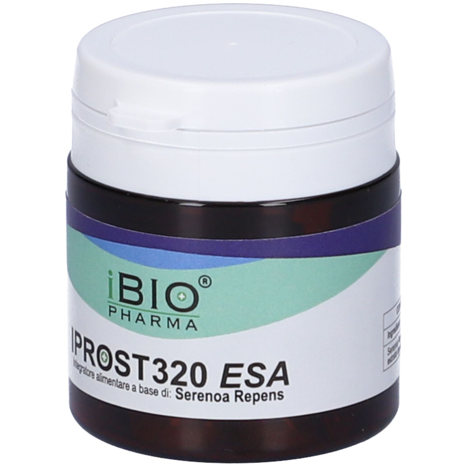 Barattolo marrone con coperchio bianco. Scritta: IPROST320 ESA. Logo iBIO Pharma. Fascia verde-blu.