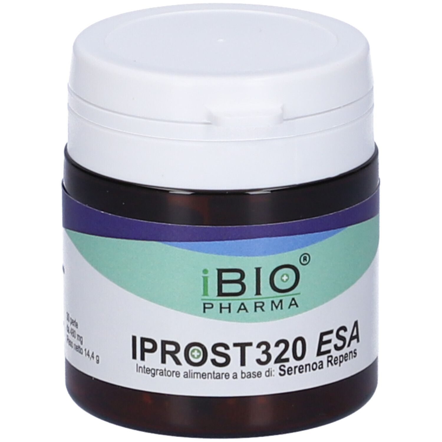 Barattolo marrone con coperchio bianco. Scritta: IPROST320 ESA. Logo iBIO Pharma. Fascia verde-blu.