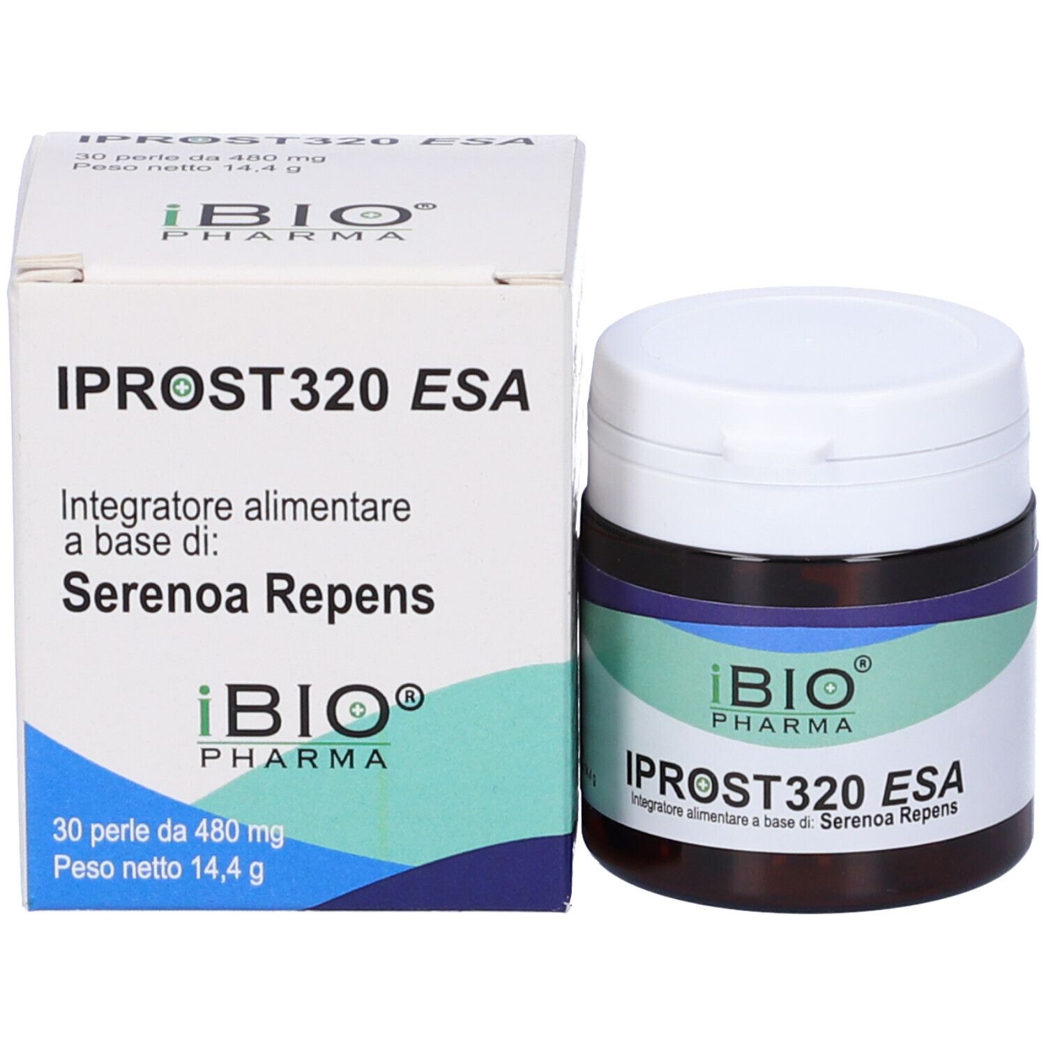 Confezione e barattolo. Scritta: IPROST320 ESA. Logo iBIO Pharma. 30 perle. Barattolo con fascia verde-blu.