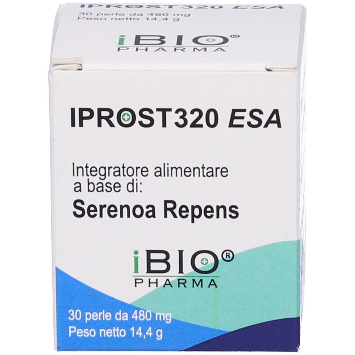 Confezione del prodotto. Scritta: IPROST320 ESA. Logo iBIO Pharma. 30 perle. Testo.
