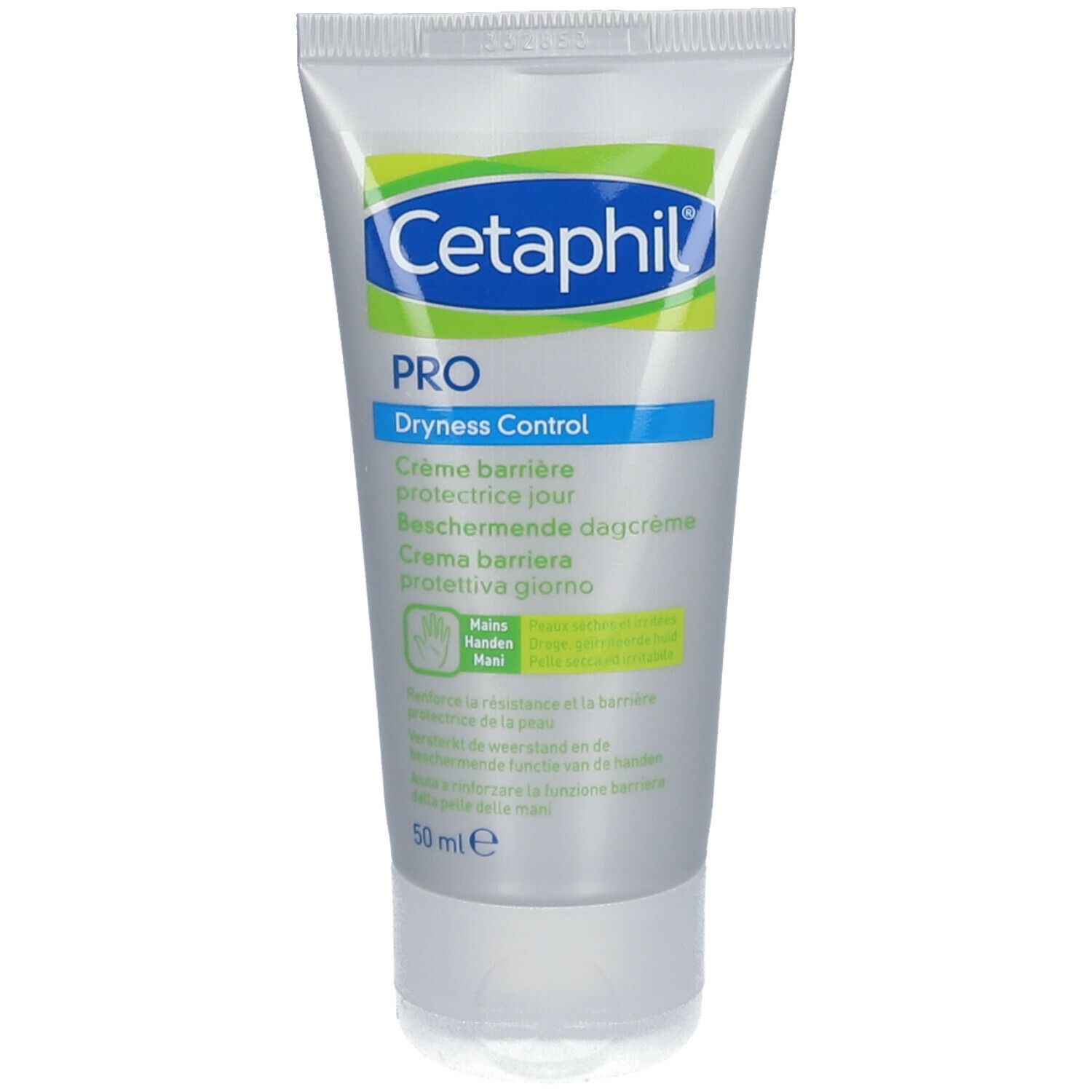 Tube de crème pour les mains Cetaphil PRO. Texte : Dryness Control, Crème barrière protectrice jour. 50 ml. Bouchon vert.