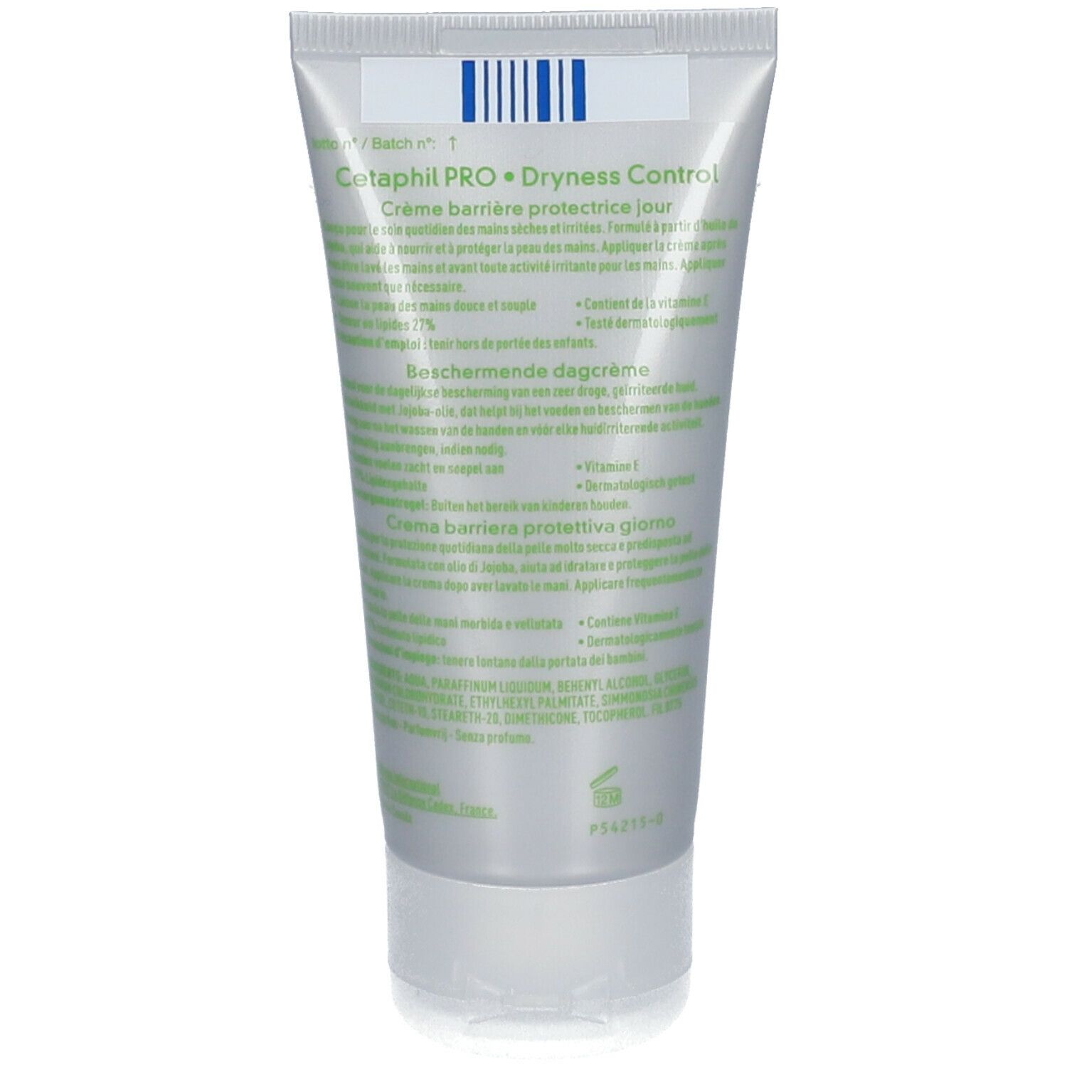 Dos du tube de crème pour les mains Cetaphil PRO. Texte : Dryness Control, Crème barrière protectrice jour. Ingrédients.