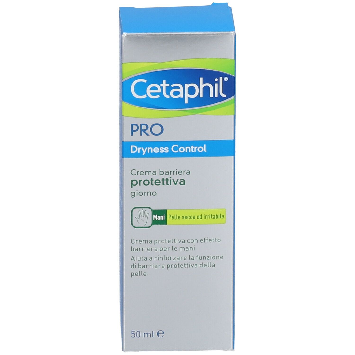 Boîte de crème pour les mains Cetaphil PRO. Texte : Dryness Control, Crème barrière protectrice jour. 50 ml.