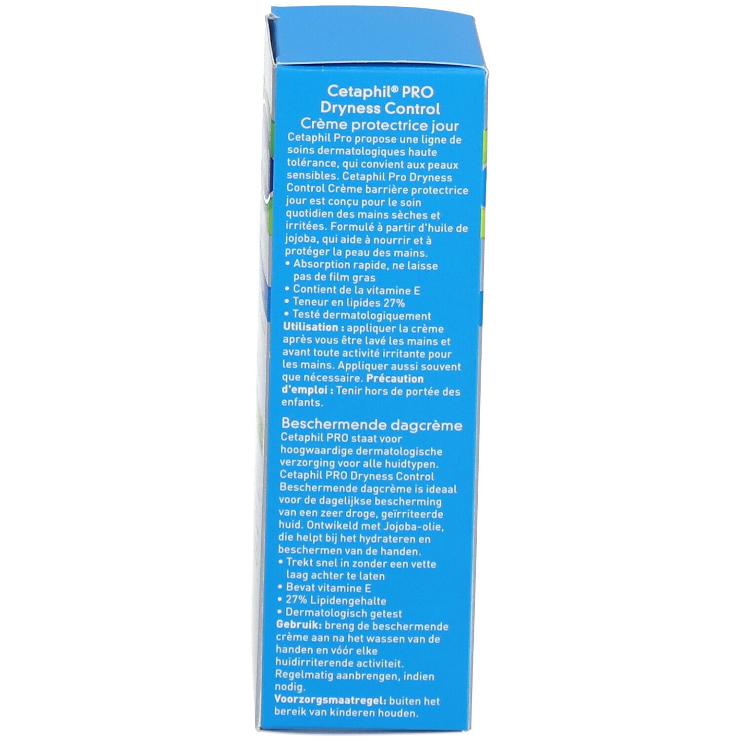 Dos de la boîte de crème pour les mains Cetaphil PRO. Texte : Dryness Control, Crème barrière protectrice jour. Ingrédients.