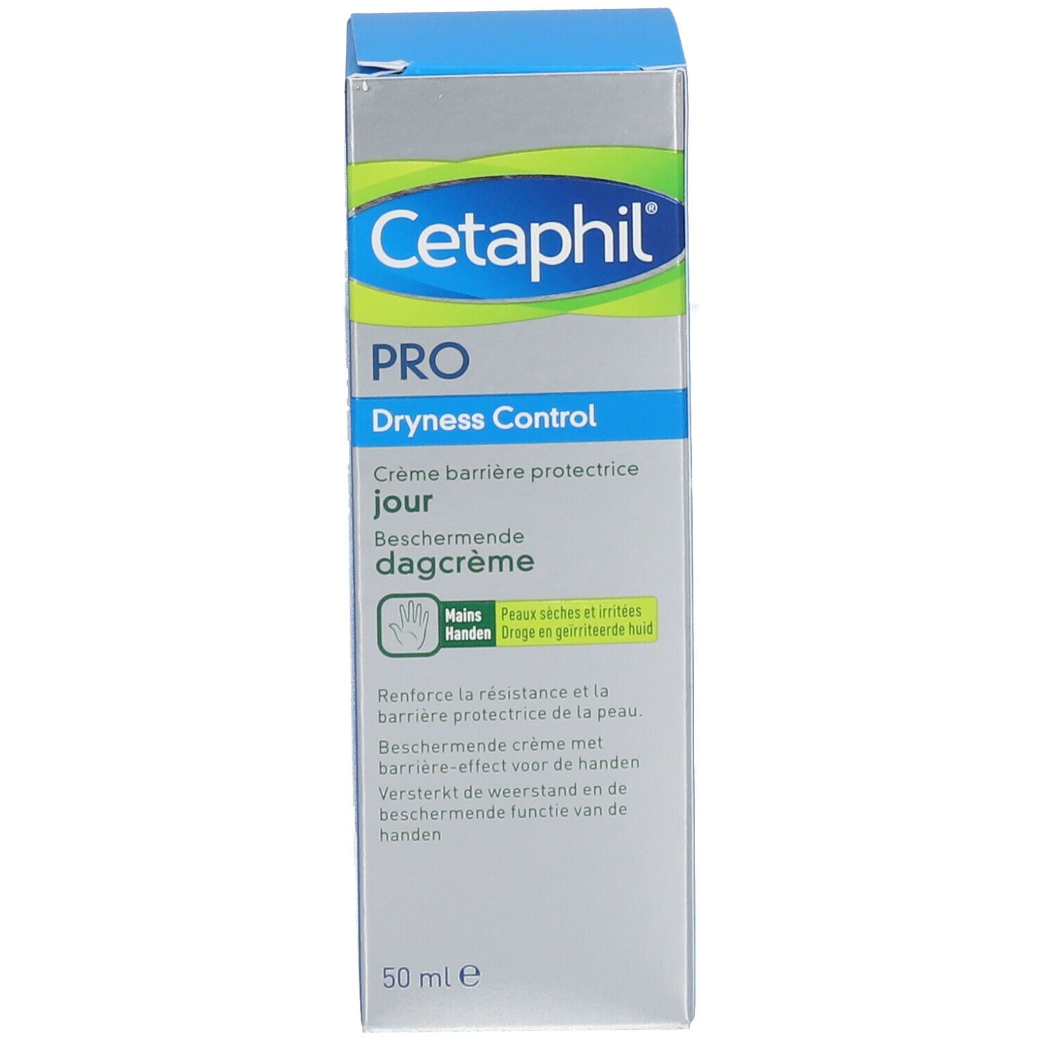Boîte de crème pour les mains Cetaphil PRO. Texte : Dryness Control, Crème barrière protectrice jour. 50 ml.