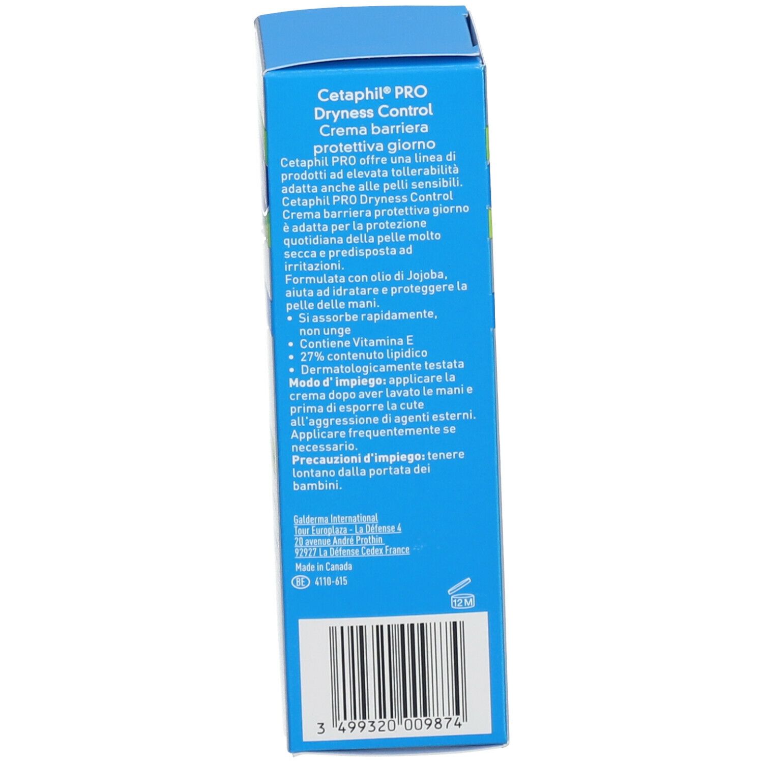 Dos de la boîte de crème pour les mains Cetaphil PRO. Texte : Dryness Control, Crème barrière protectrice jour. Ingrédients.