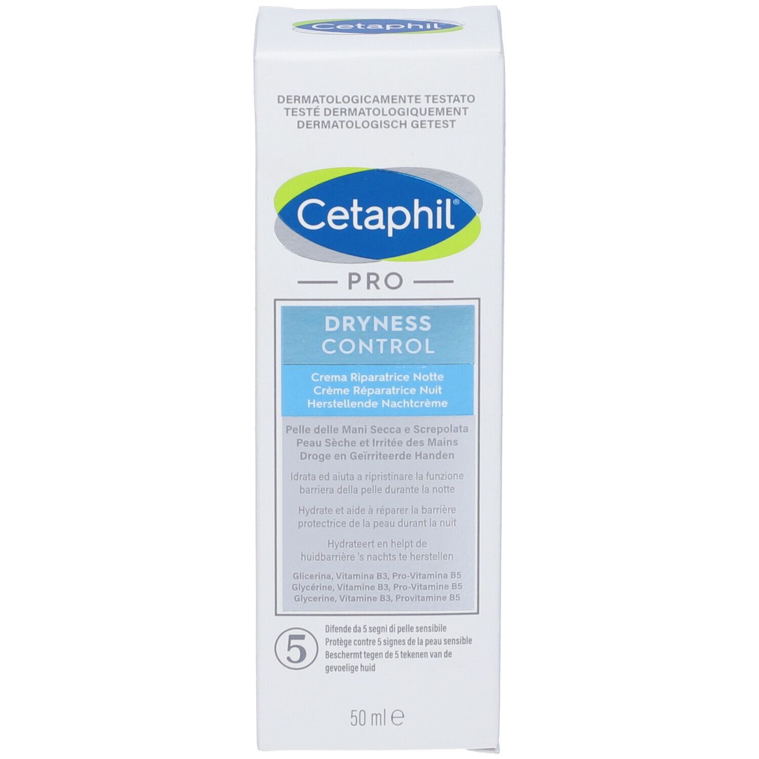 Emballage blanc avec texte bleu et vert. "Cetaphil Pro Dryness Control" est visible.