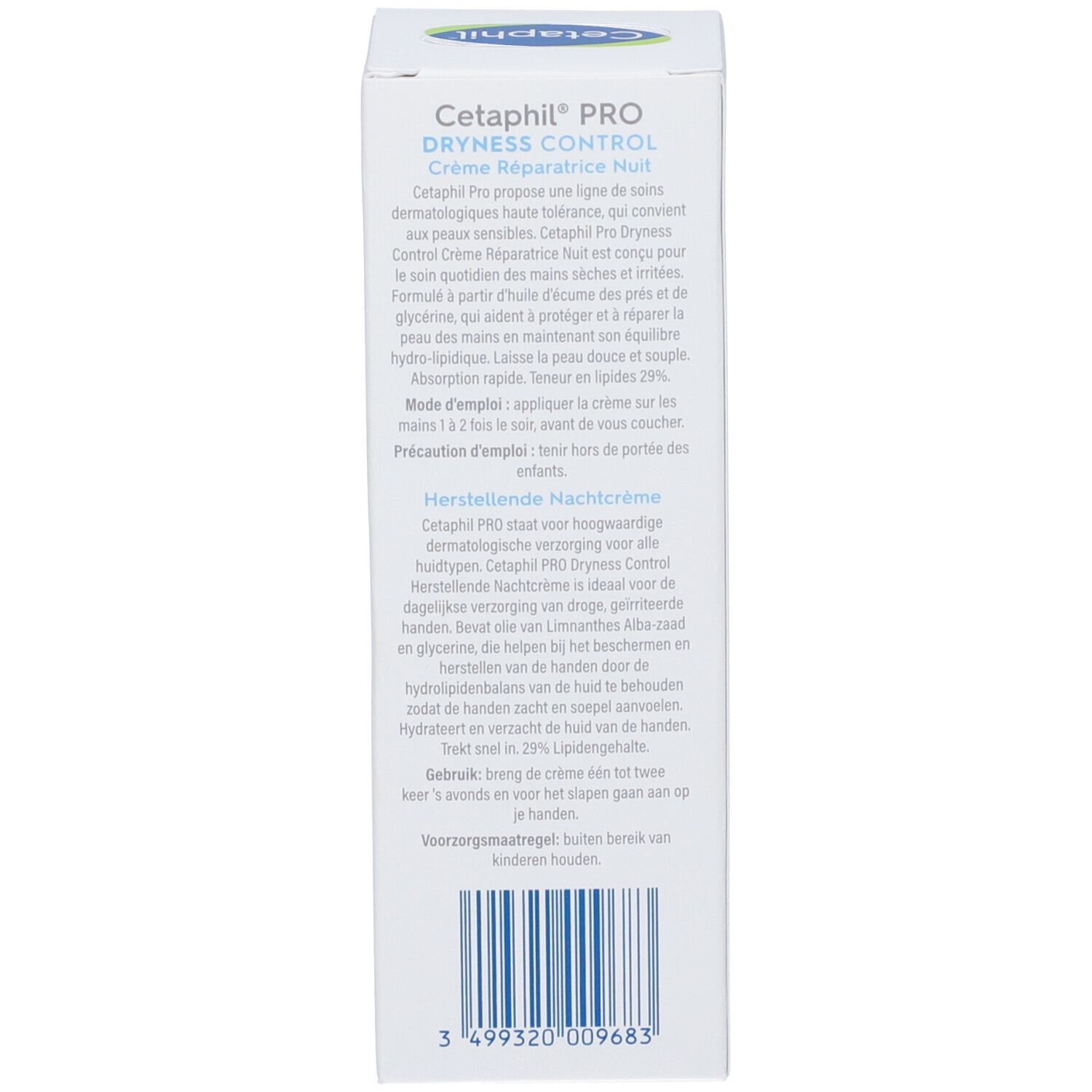 Dos de l'emballage. Texte multilingue. Description du produit et instructions d'utilisation.