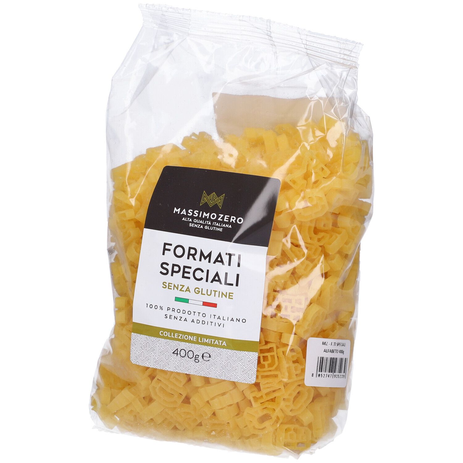 Confezione trasparente di pasta a forma di lettere. Etichetta con nome prodotto e indicazione senza glutine. 400g.