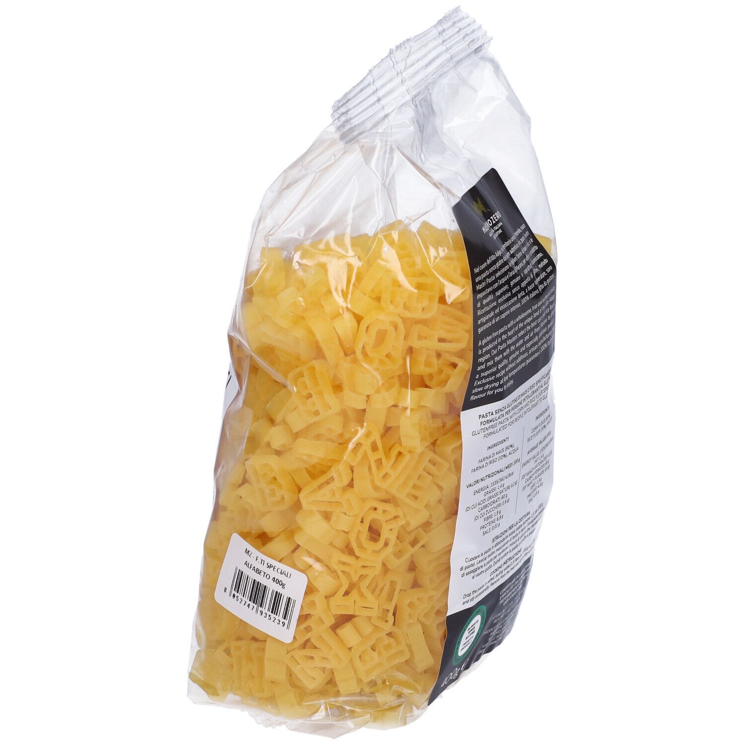 Confezione trasparente di pasta a forma di lettere. Etichetta con informazioni sul prodotto. Senza glutine. 400g.