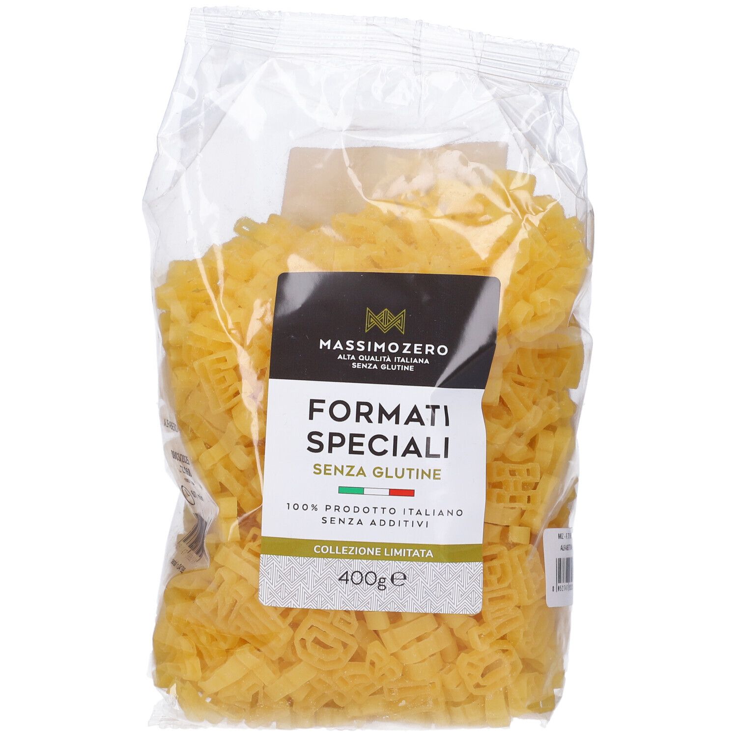 Confezione trasparente di pasta a forma di lettere. Etichetta con nome prodotto e indicazione senza glutine. 400g.