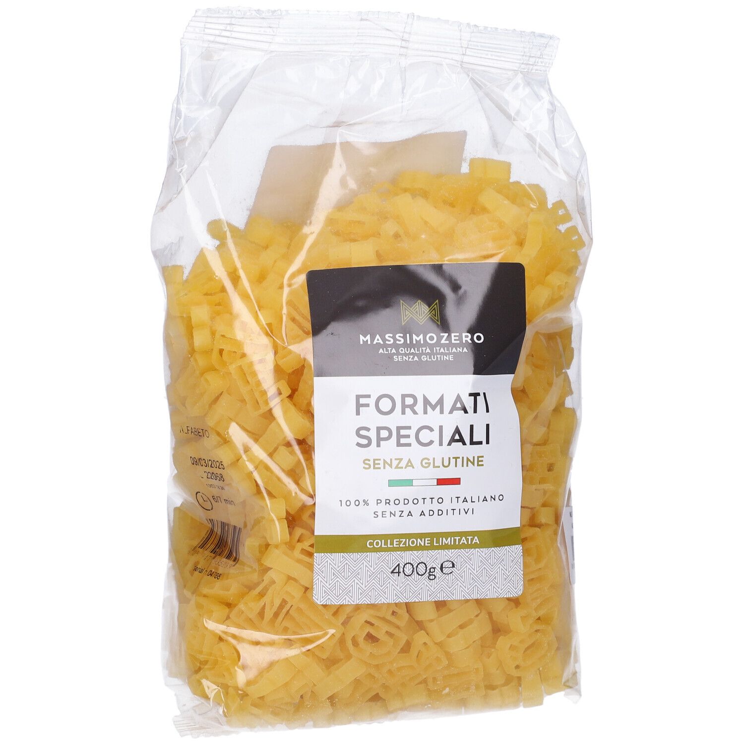 Confezione trasparente di pasta a forma di lettere. Etichetta con nome prodotto e indicazione senza glutine. 400g.