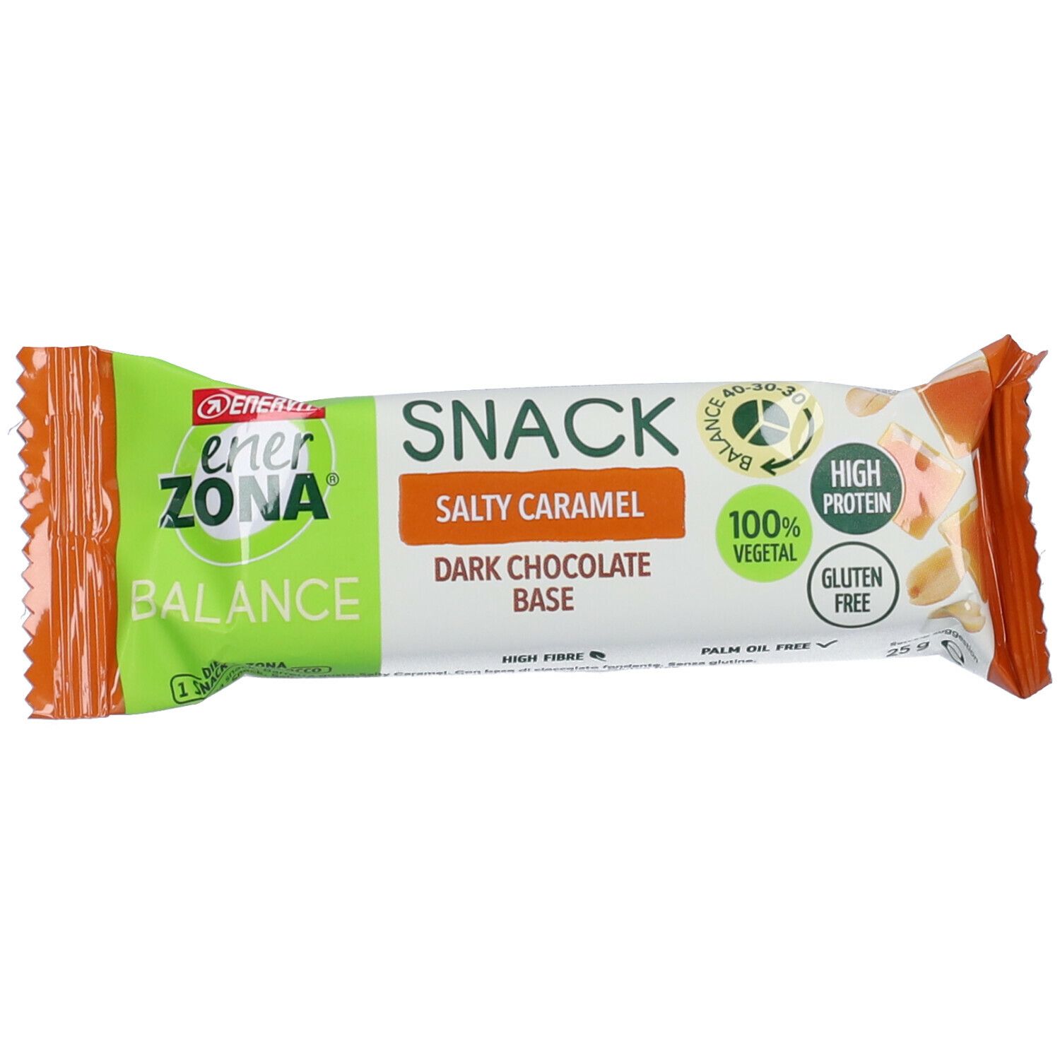 Nahaufnahme der Snackriegelverpackung. Grün-orangefarbene Verpackung mit Produktbezeichnung und Logo. Aufschrift: Salziges Karamell.