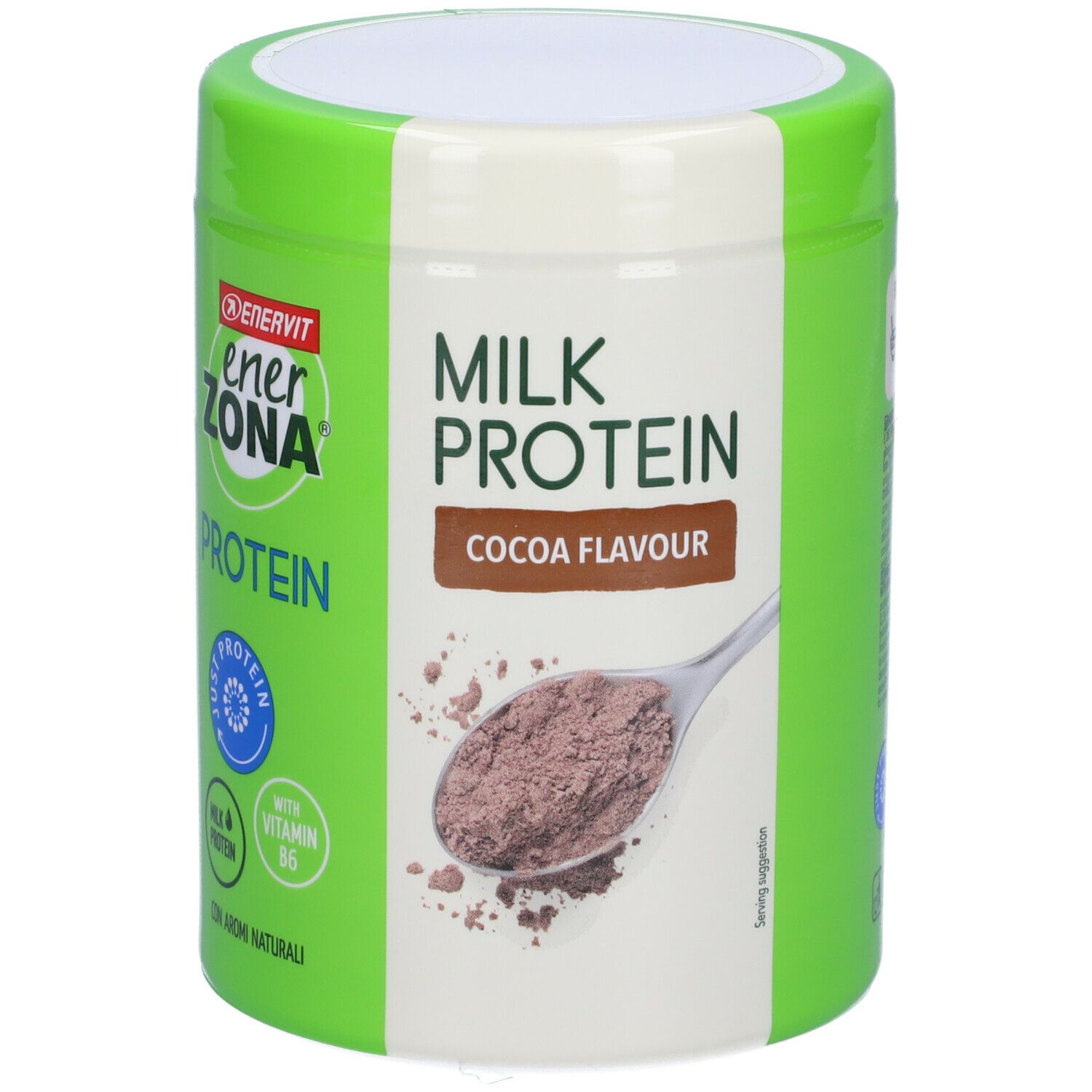 Grüner Behälter mit ENERVIT EnerZona Protein. Aufschrift: Milk Protein, Cocoa Flavour. Löffel mit Pulver.