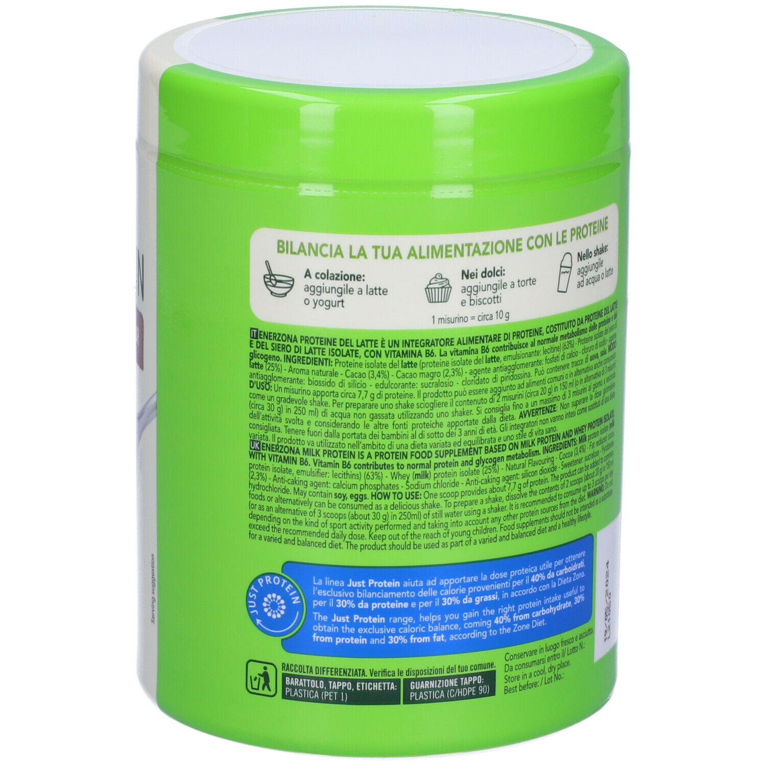 Grüner Behälter mit ENERVIT EnerZona Protein. Rückseite mit Informationen. Text in it.