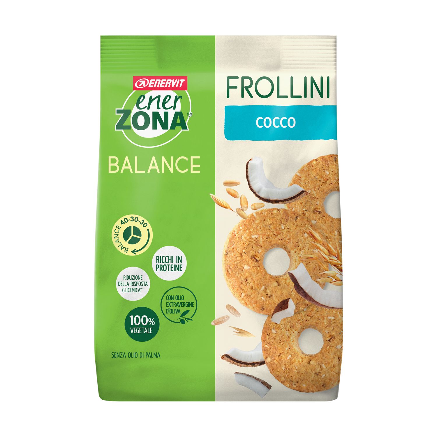 Verpackung von ENERVIT® EnerZona Frollini Kokosnuss. Grün-weiße Tüte mit Produktabbildung und Logo. Aufschrift: Frollini, Cocos.