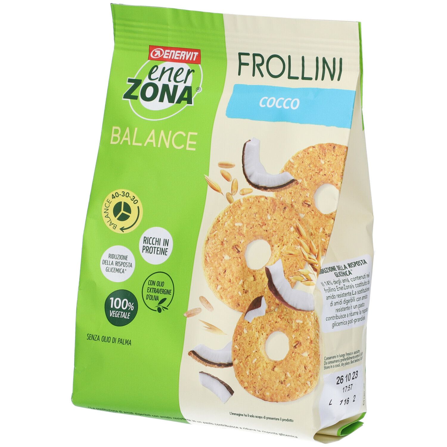 Verpackung von ENERVIT® EnerZona Frollini Kokosnuss. Grün-weiße Tüte mit Produktabbildung und Logo. Aufschrift: Frollini, Cocos. Datumsangabe.