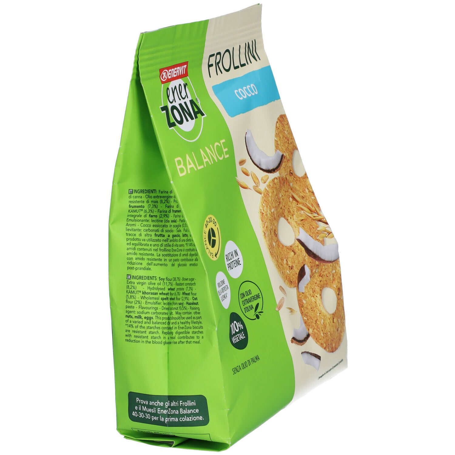 Verpackung von ENERVIT® EnerZona Frollini Kokosnuss. Grün-weiße Tüte mit Produktabbildung und Logo. Aufschrift: Frollini, Cocos. Detailansicht.
