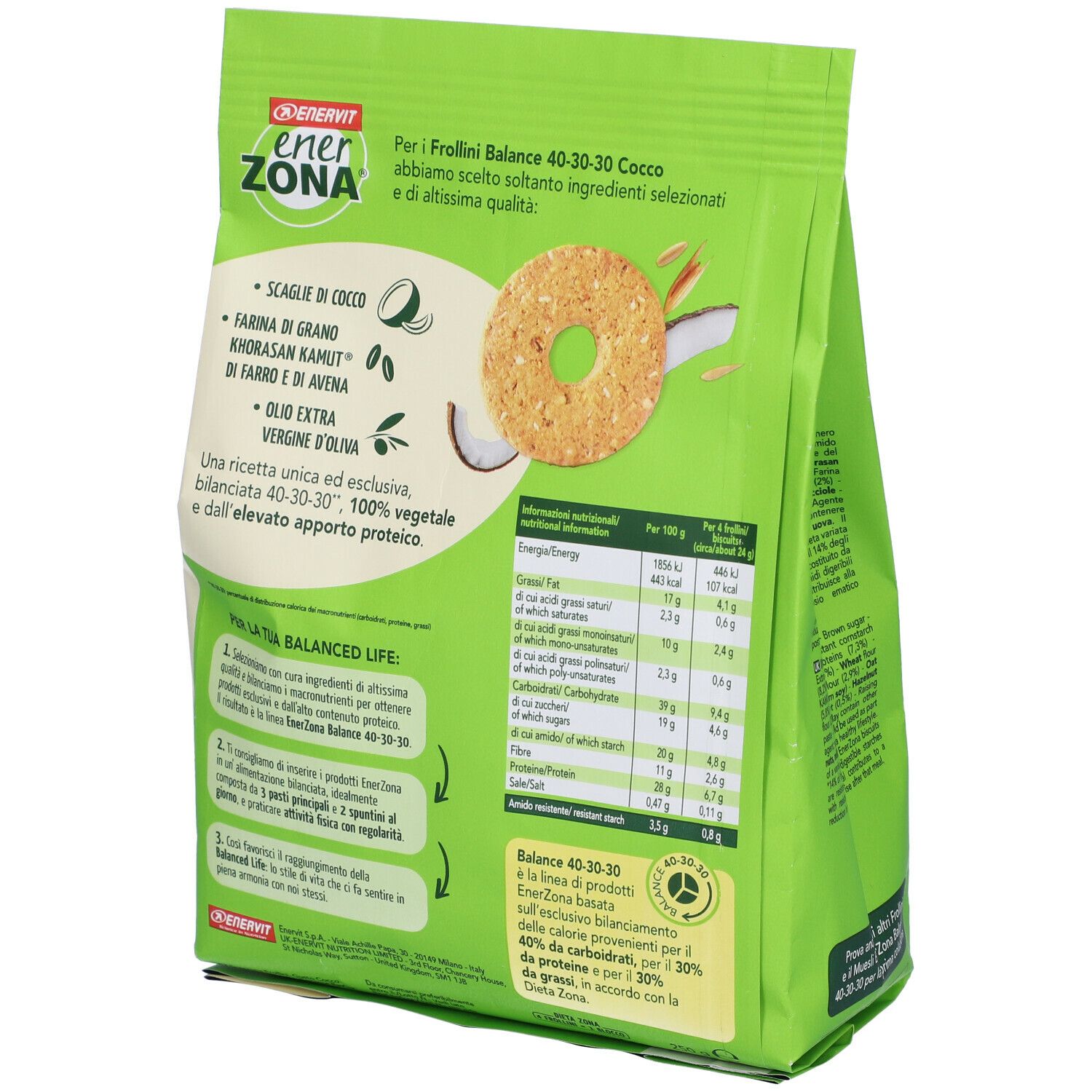 Rückseite der Verpackung von ENERVIT® EnerZona Frollini Kokosnuss. Grün mit Text und Nährwertangaben. Abbildung eines Kekses.